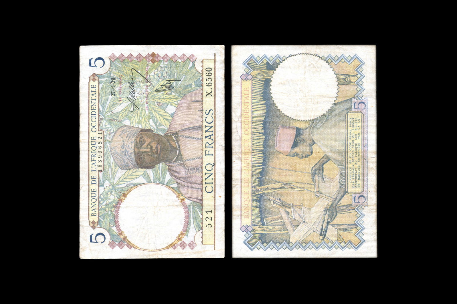 1939 French Africa Occidental 5 Francs Banknote Paper Money Bills, WWII Colonial African Collectible: Vintage 1939 French Africa Occidental 5 Francs Banknote Paper Money Bills, WWII Colonial African Collectibles Notaphily, Circulated Note Bills. Free Domestic Shipping. Sold Exactly As Pictured. Obvers