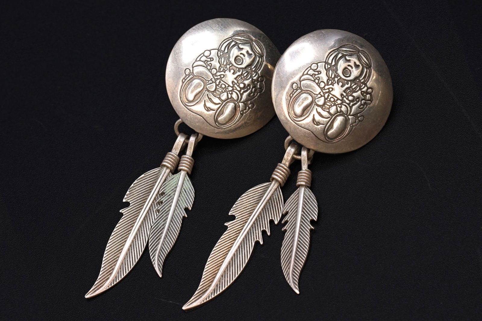 Southwestern Storyteller Dangle Earrings, Large Sterling Concho Stud With Navajo Native American: Dimensions Length 2 inches not including the wire, Total including wire 2.85 inches. All measurements are approximate. Patina, Surface Wear And Age. Sold Exactly As Pictured. Southwestern Storyteller
