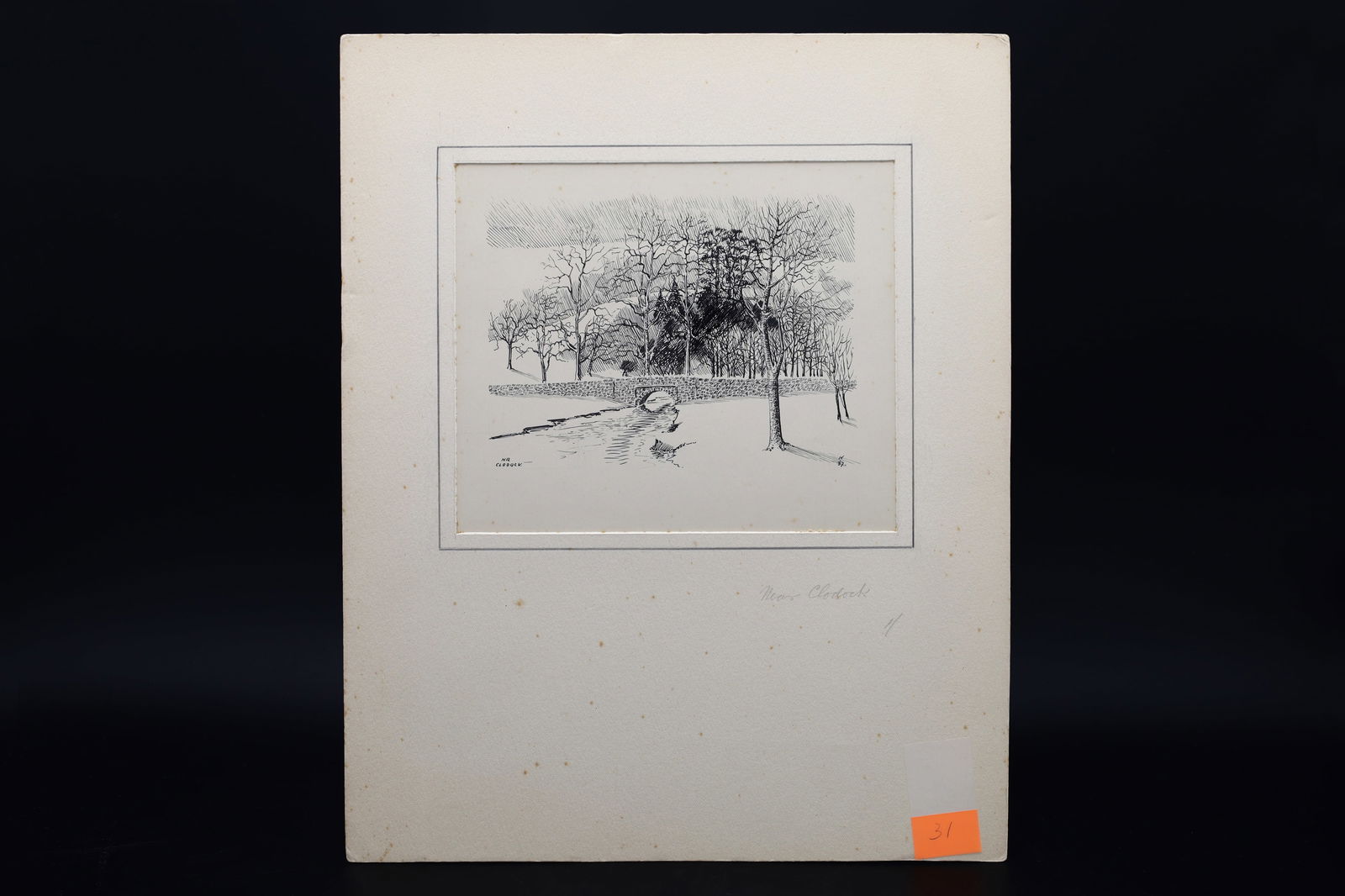 Vintage 1930s British Ink On Paper Landscape Drawing, An Original Art Painting By Walter M Keesey: Small Stone Bridge On A Creek. Clodock Is A Village In The West Of Herefordshire, England. It Lies On The River Monnow In The Foothills Of The Black Mountains, Close To The Border With Wales. The Vill