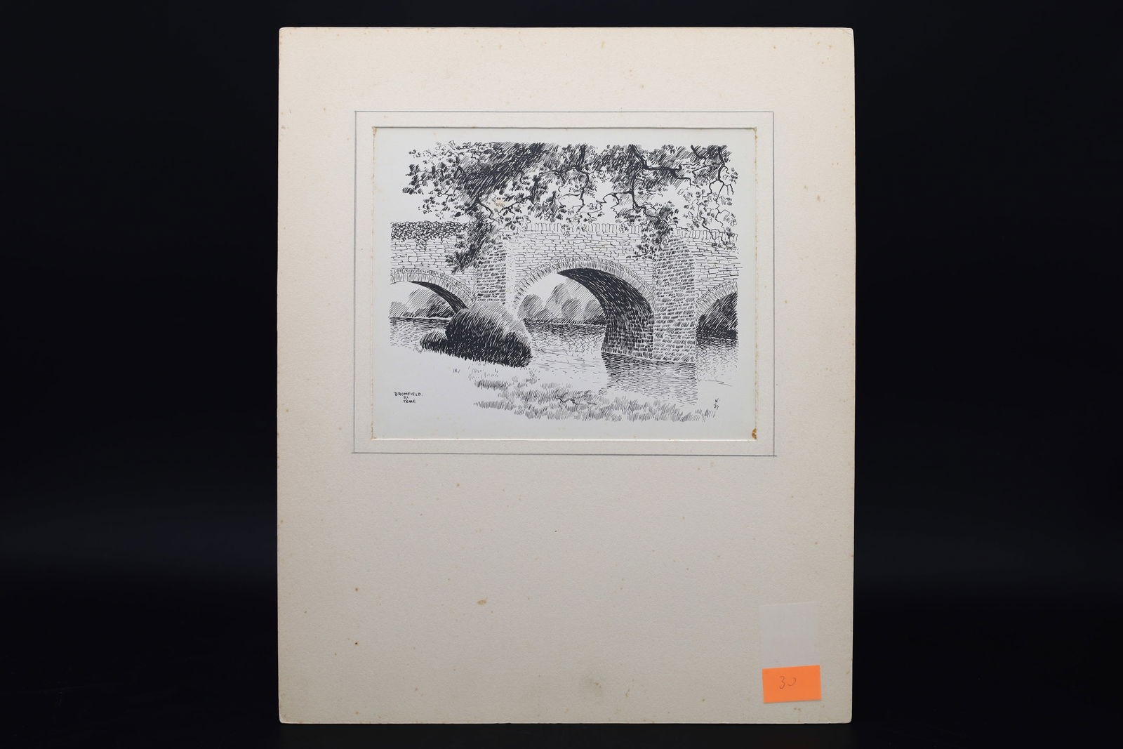 Vintage 1930s British Ink On Paper Landscape Drawing, An Original Art Painting By Walter M Keesey: Powick Stone Bridge, Brumfield Ri Teme, Uk. The Original Bridge Was Constructed Before 1447 By Monks From Malvern Priory. In September 1642 A Skirmish Took Place At The Bridge That Subsequently Became