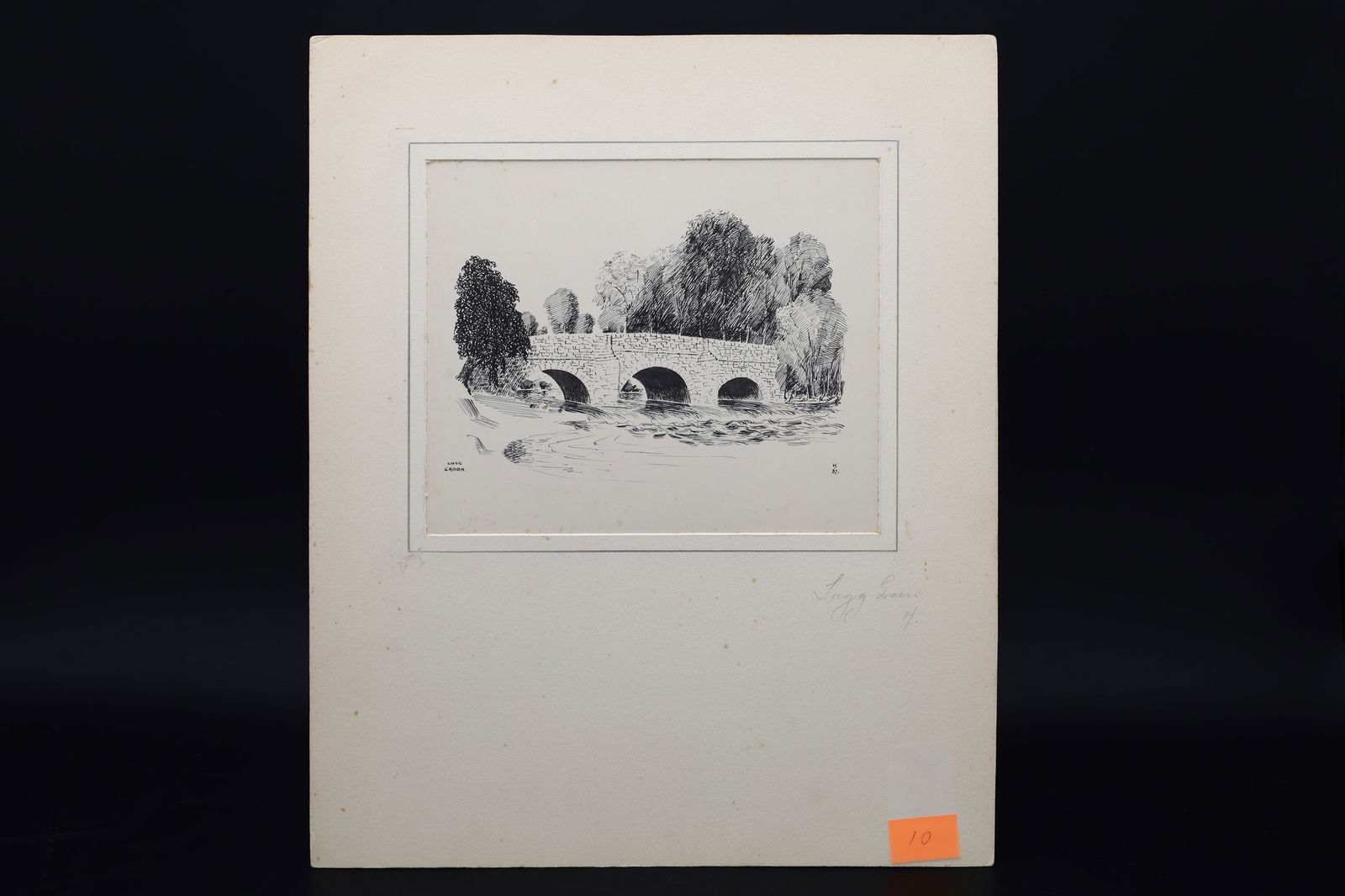Vintage 1930s British Ink On Paper Landscape Drawing, An Original Art Painting By Walter M Keesey: Stone Bridge, Lugg Green, UK. Welsh: Afon Llugwy. The Old Bridge Of Presteigne, Located At The Bottom Of The Broad Street Marks The Border Between Powys And Herefordshire. The Stone Bridge (Historical