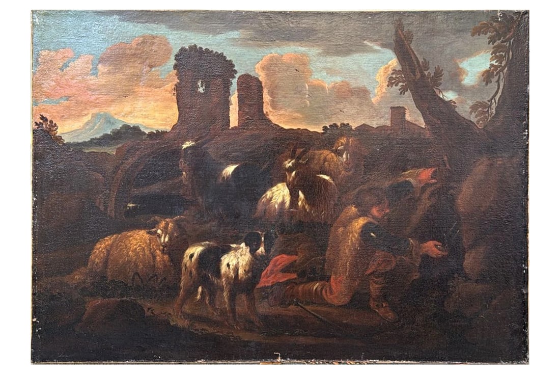 Antique Late 17th Century Large Oil Painting On Canvas Attr To Philipp Peter Roos, Naples Shepherd (1 of 5)