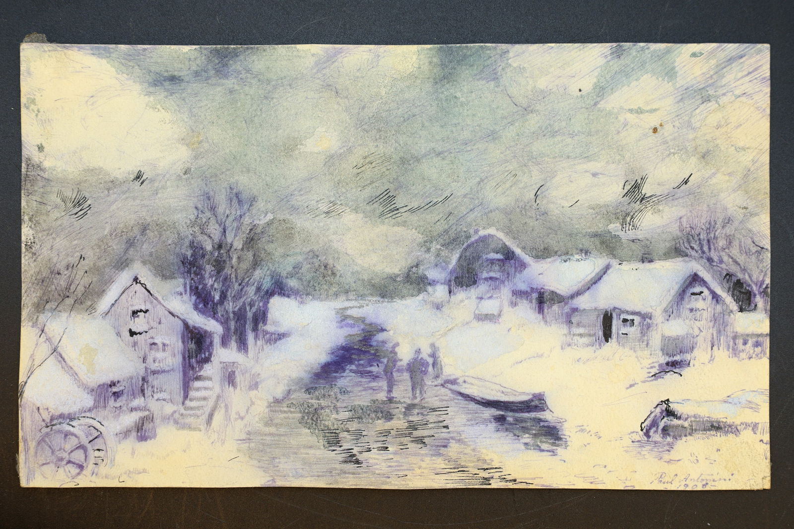 Winter Landscape, Antique 1900s Liberty Art Painting By Paulo Antonini, Italian American Artist: A Winter Landscape, Signed. Dated As Around 1907 and 1910, A Very Small Artwork By Italian Born Artist Paulo Antonini (1888 To 1941). Part Of His Portfolio As Student Of The Art School In NYC. Most Of