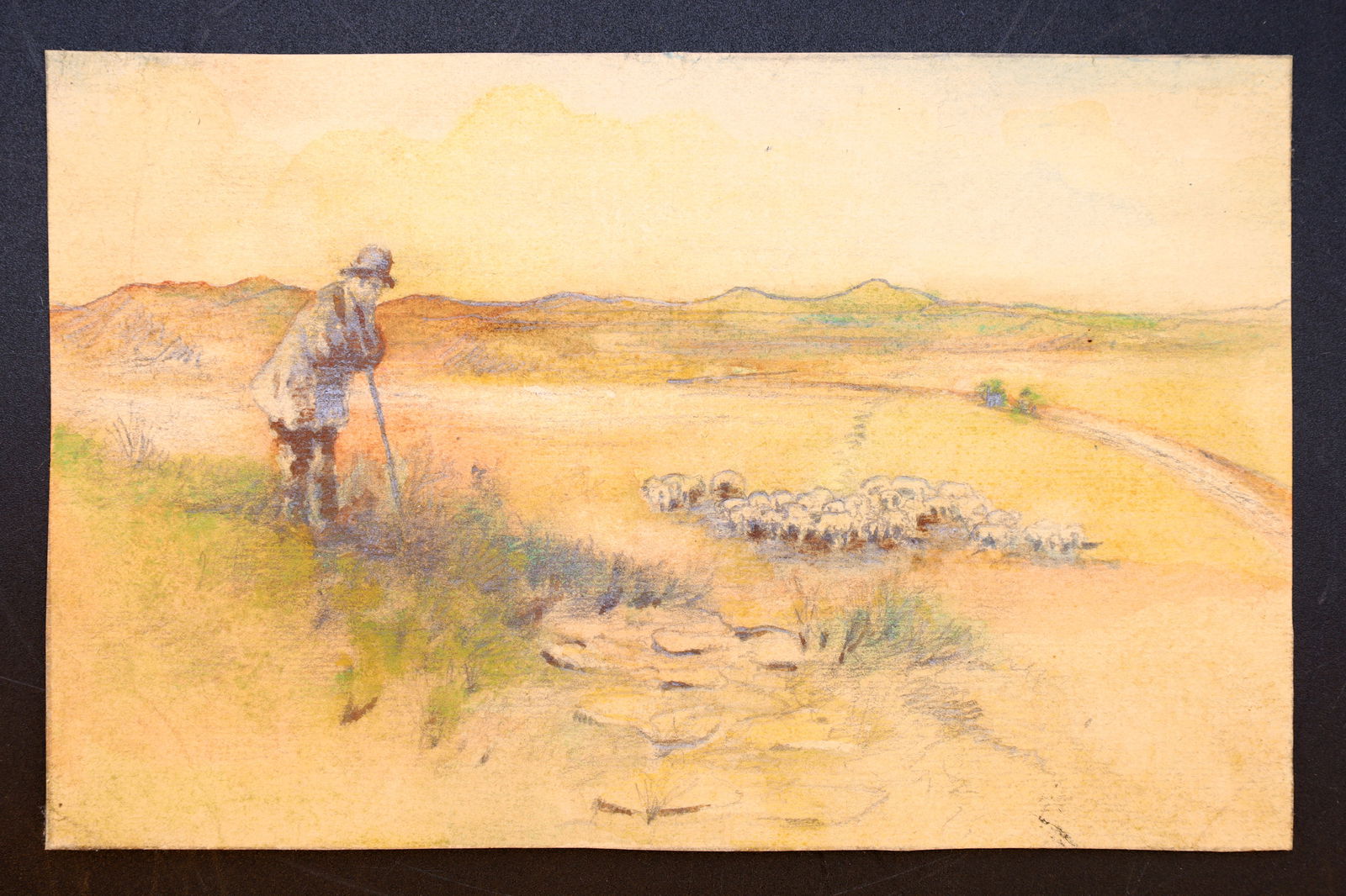 Shepherd, Antique 1900s Liberty Style Art Painting By Paulo Antonini, Italian American Artist, Small: Landscape With Shepherd And Sheep. Dated As Around 1907 and 1910, A Very Small Artwork By Italian Born Artist Paulo Antonini (1888 To 1941). Part Of His Portfolio As Student Of The Art School In NYC.