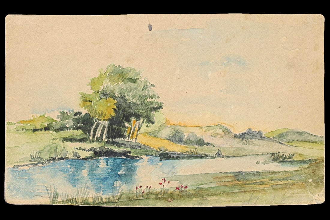 Connemara Landscape, Antique 1900s Liberty Art Painting By Paulo Antonini, Italian American Artist: River Passing Through The Connemara Landscape In Ireland. Dated As Around 1907 and 1910, A Very Small Artwork By Italian Born Artist Paulo Antonini (1888 To 1941). Part Of His Portfolio As Student Of