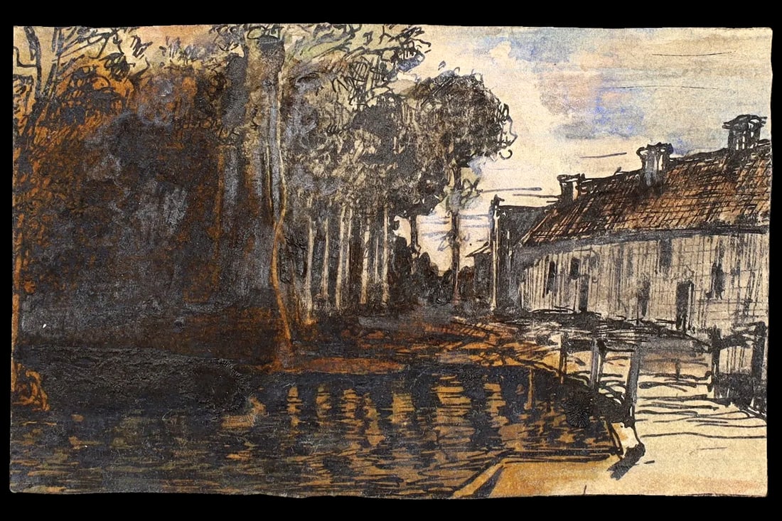 Villa Near River, Antique 1900s Liberty Style Art By Paulo Antonini, Italian American Artist, Small: A New England Village Near A River And Forest, Signed. Dated As Around 1907 and 1910, A Very Small Artwork By Italian Born Artist Paulo Antonini (1888 To 1941). Part Of His Portfolio As Student Of The