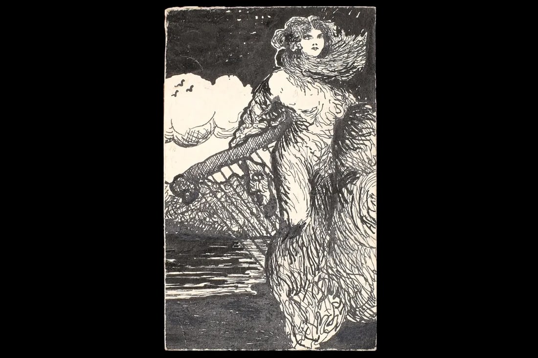 Muse of The Artist, Antique 1900s Liberty Style Art By Paulo Antonini, Italian American Artist: Dimensions Drawing 2.75 x 1.75 inches. All measurements are approximate. Normal and expected wear and age. Refer to photos. Muse of The Artist, Antique 1900s Art Nouveau Ink Painting On Paper By Paulo