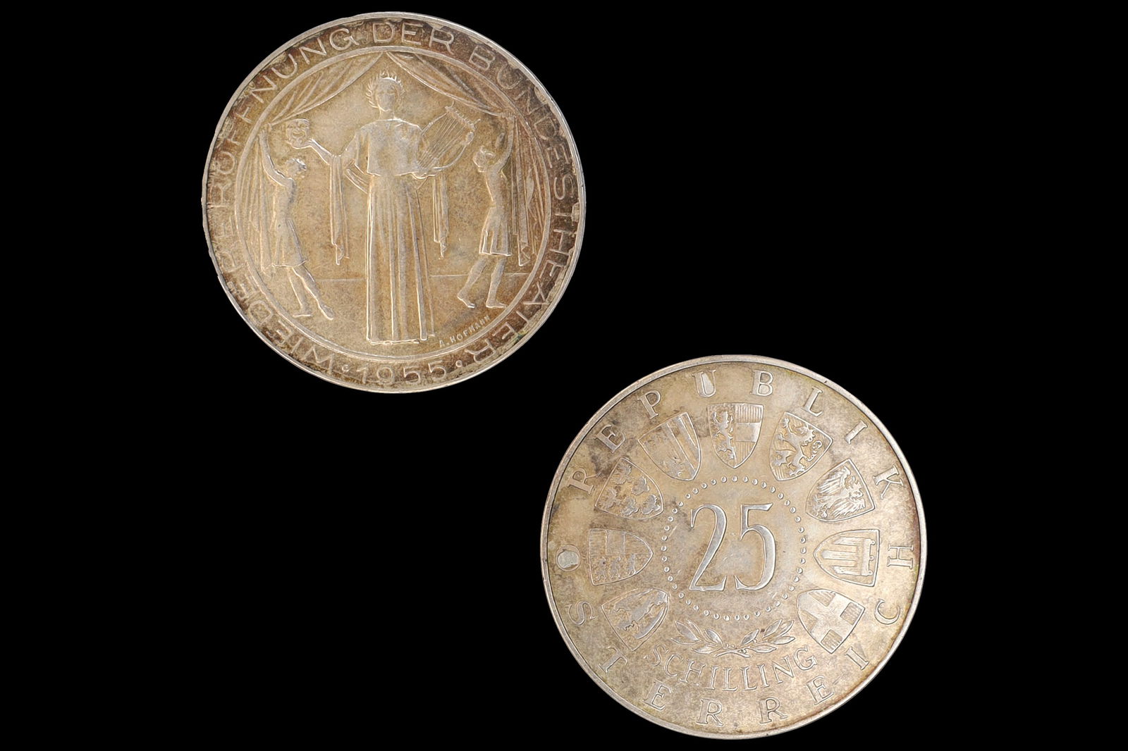 Austria 25 Schilling Silver Coin Of 1955, Reopening Of The National Theater In Vienna, Osterreich: Austria 25 Schilling Silver Coin Of 1955, Reopening Of The National Theater In Vienna, Republik Osterreich Non Circulating Coins Tokens. Obverse: Value within beaded circle, surrounded by the nine her