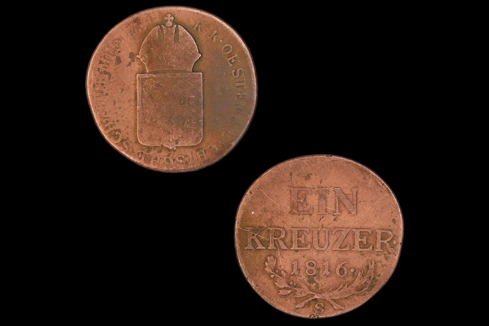 1816 Austrian Empire, Ein Kreuzer 1 Coin, Copper, Francis I Of Austria, 19th Century Numismatics: 1816 Austrian Empire, Ein Kreuzer 1 Coin, Copper, Francis I Of Austria, 19th Century Numismatics. Currency Gulden. Diameter 26 mm. Medal Alignment. Very Worn. DISCLAIMER: Read The Description And Watc