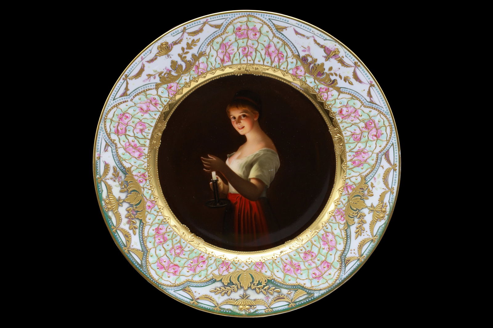 Gute Nacht, A Royal Vienna Porcelain Cabinet Plate, Gold Gilt And Hand Painted Female Portrait Art: 19th Century Decorative European Arts And Crafts, Neoclassic Style With Early Art Nouveau Influences. Antique 19th Century Wien, A Royal Vienna Cabinet Porcelain Plate With Gold Gilt And Hand Painted