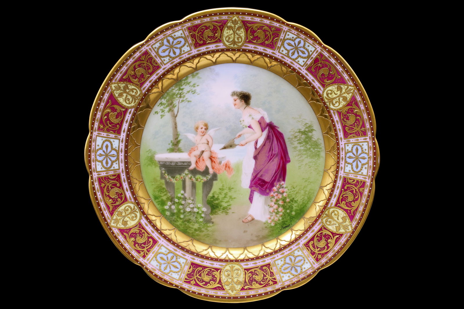 Antique 1900s Porzellanfabrik Rudolstadt, A Royal Vienna Style Porcelain Plate With Handpainted Art: 19th Century Decorative European Arts And Crafts, Neoclassic Style With Early Art Nouveau Influences. Antique 1900s Porzellanfabrik Rudolstadt, A Royal Vienna Style Porcelain Plate Manufactured In Ger