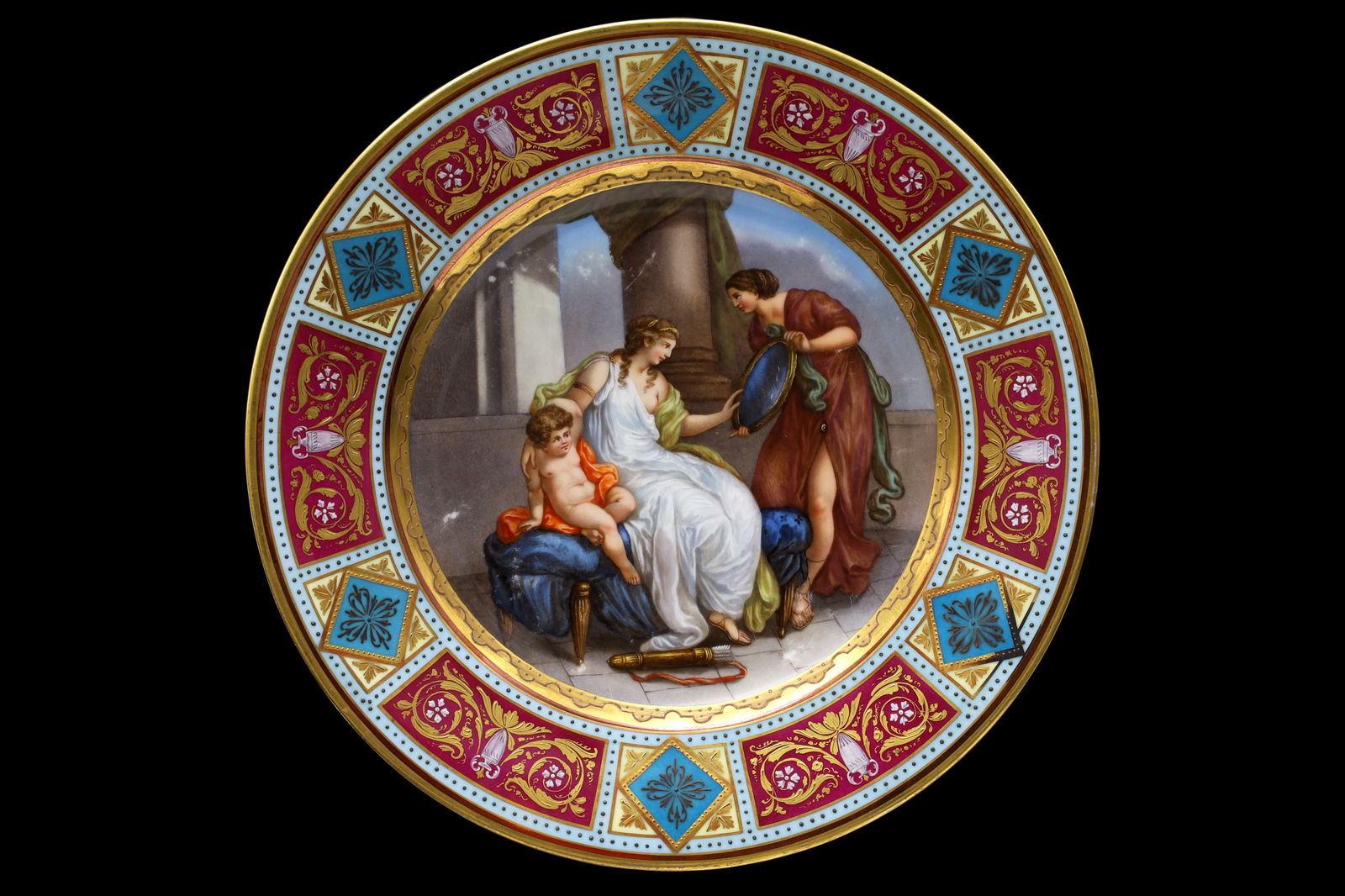 Goddess Aphrodite, Eros And Hebe, Antique 19th Century Wien, A Royal Vienna Porcelain Cabinet Plate: 19th Century Decorative European Arts And Crafts, Neoclassic Style With Early Art Nouveau Influences. Antique 19th Century Wien, A Royal Vienna Porcelain Cabinet Plate With A Hand Painted Mythological