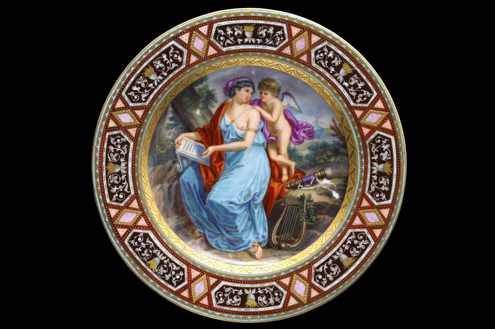 God Eros And The Muse Erato, Antique 19th Century Wien, A Royal Vienna Porcelain Cabinet Plate: 19th Century Decorative European Arts And Crafts, Neoclassic Style With Early Art Nouveau Influences. Antique 19th Century Wien, A Royal Vienna Porcelain Cabinet Plate, Hand painted Scene With God Ero