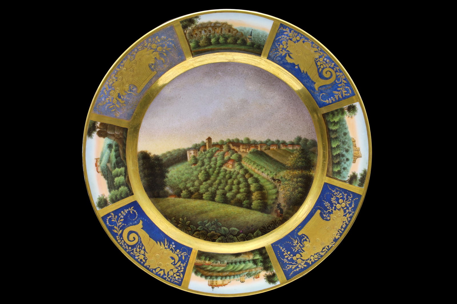 Antique First Half Of The 19th Century, Old Paris, Possible Sevres, Cabinet Porcelain Plate: 19th Century Decorative European Arts And Crafts, Neoclassic Style. Antique First Half Of The 19th Century, Old Paris, Possible Sevres Manufacture, Antique Cabinet Porcelain Plate, Gilt And Hand Paint