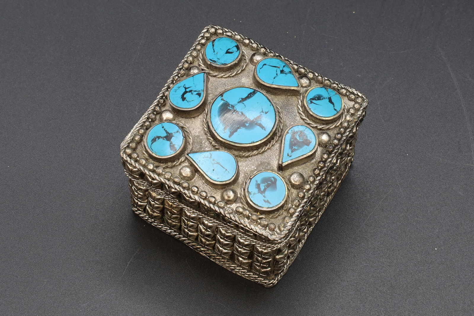 Kuchi Afghan Small Pill Box, Blue Turquoise Multi Stone Accents, Snuff Box, Ring Jewelry Box, Hinged (1 of 4)