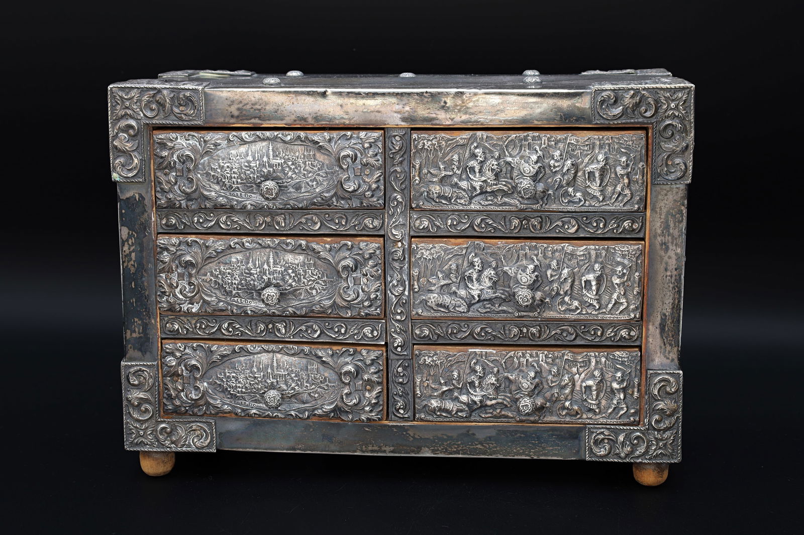 Antique 1890s Baroque Churrigueresque Jewelry Box With Drawers, Silver And Wood, Toledo Spain: Dimensions 6.5 x 9 x 4.5 inches. All measurements are approximate. Normal Surface Wear And Age, Sold As Pictured. Antique, Circa 1890s, Late 19th Century, Baroque Churrigueresque Style Embossed Silver