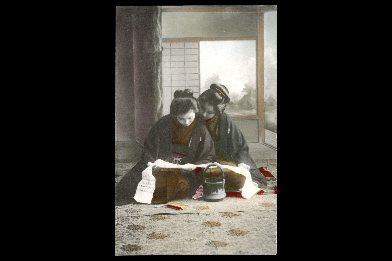 Uncirculated Postcard From Japan, Early 20th Century, A Late Meiji Hand Colored Postal Memorabilia: Dimensions 5.5 x 3.5 inches. All measurements are approximate. Sold Exactly As Pictured. NOS. Uncirculated Postcard From Japan, Early 20th Century Hand Colored Postal Memorabilia, OkikuSan And AyameSa