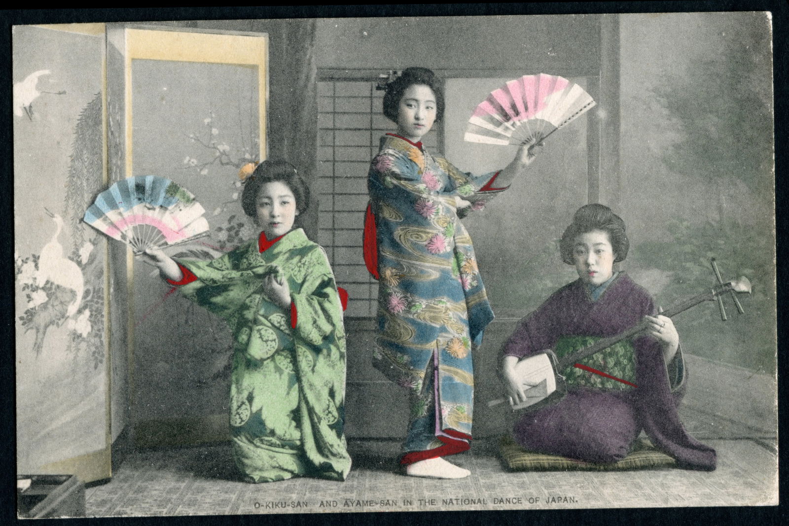 Uncirculated Postcard From Japan, Early 20th Century, A Late Meiji Hand Colored Postal Memorabilia: Dimensions 5.5 x 3.5 inches. All measurements are approximate. Sold Exactly As Pictured. NOS. Uncirculated Postcard From Japan, Early 20th Century Hand Colored Postal Memorabilia, OkikuSan And AyameSa