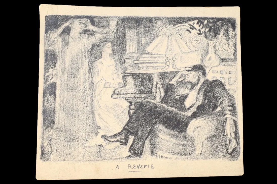 A Reverie, Victorian Parlor Evening With Piano, Antique 1900s Art Nouveau Painting By Antonini: A Reverie, Victorian Parlor Evening With Piano And Singer. Reverie Is a state of being pleasantly lost in one's thoughts; a daydream. Dated As Around 1907 and 1910, A Very Small Artwork By Italian Bor