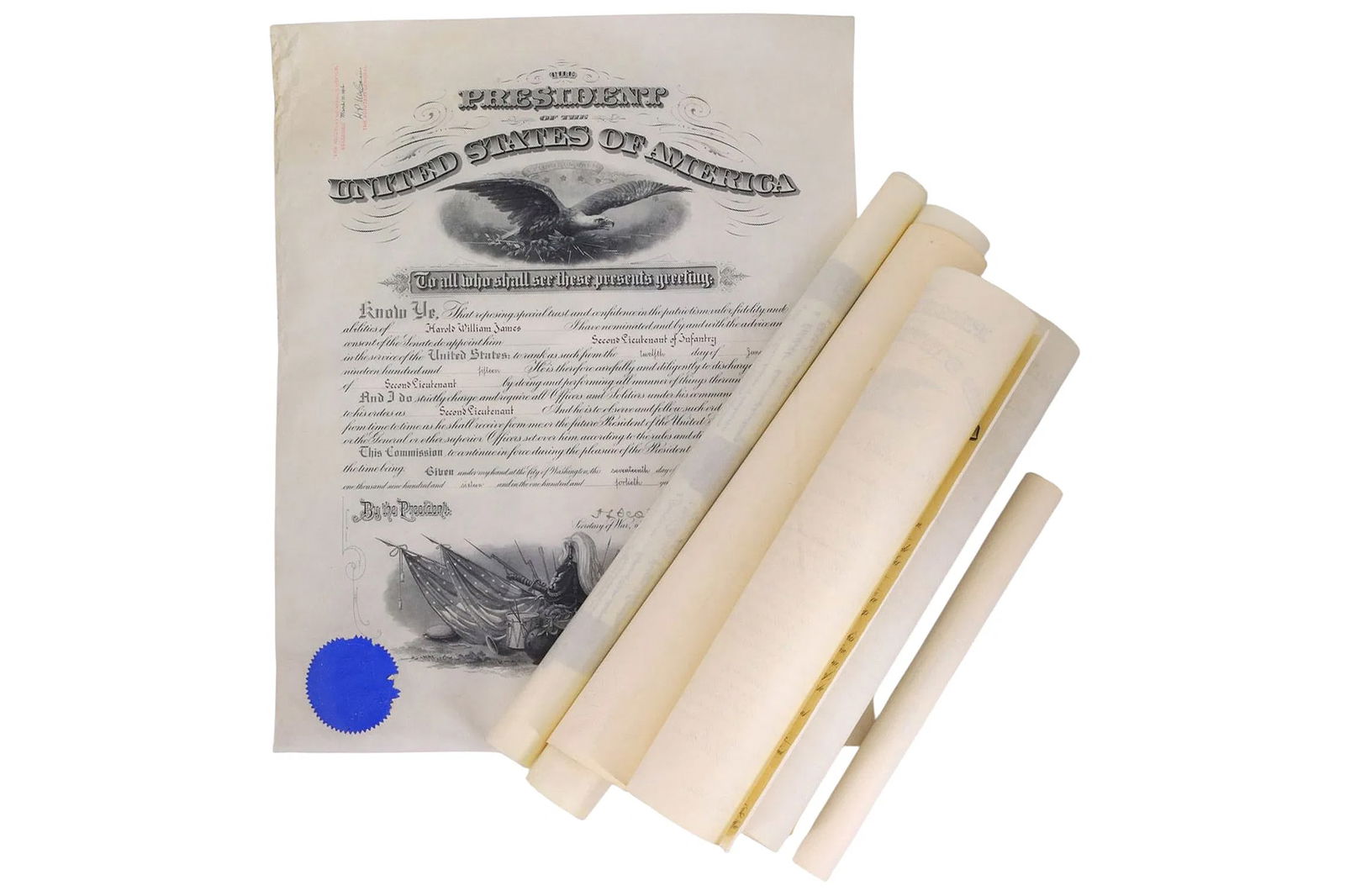 President Woodrow Wilson, Collection Of Military Commission Grants Issued To Harold William James: A Collection Of Military Commission Grants Issued To Harold William James Dating Between 1915 And 1922, Beginning With His Graduation Diploma From The United States Military Academy And Ending With Hi