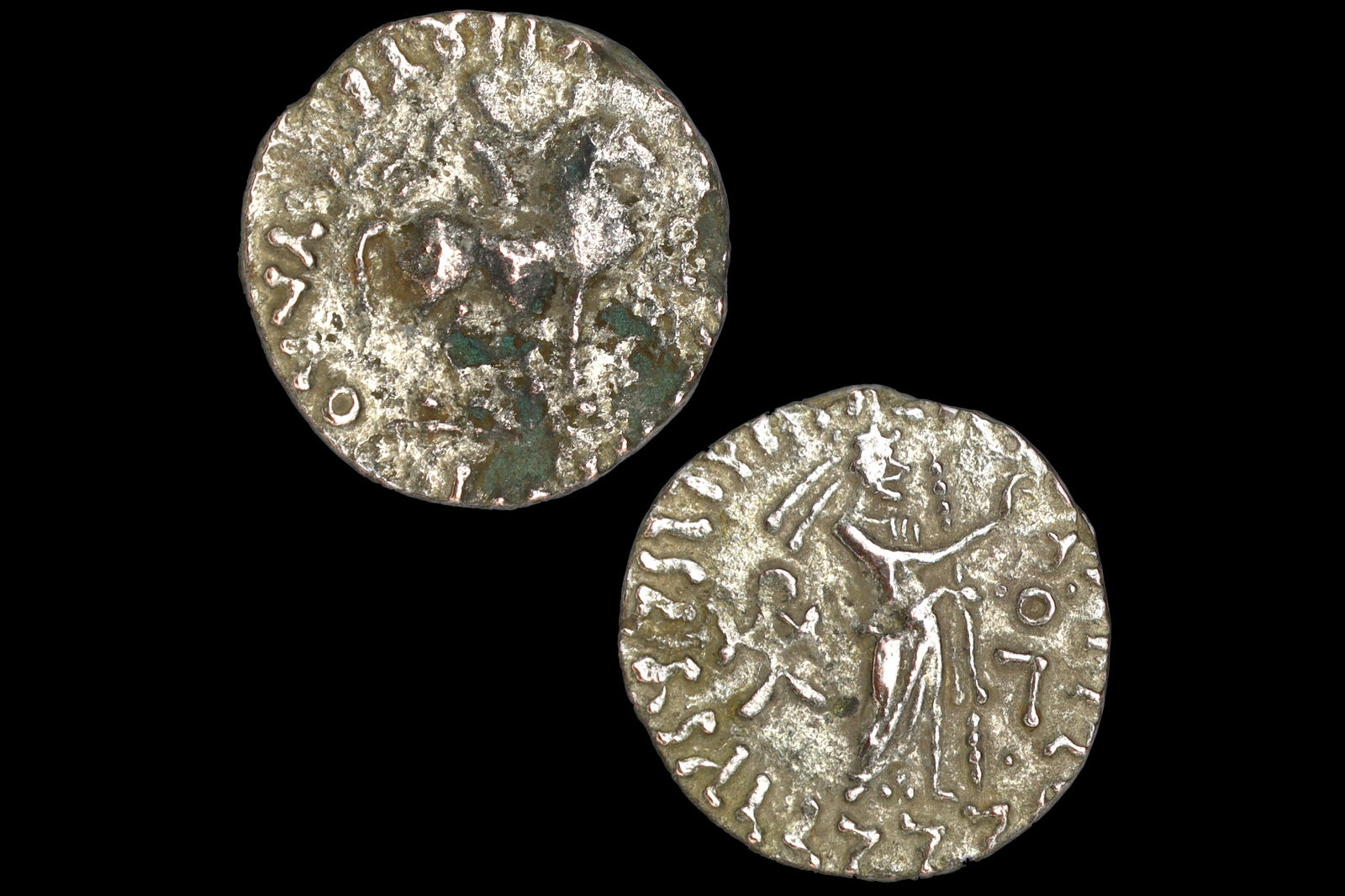 Ancient Bachtrian Asia. A 1st Century BCE Billon Coin, Hellenistic Indo Scythian Kingdom Azes II: Diameter Variable Between 19mm Up To 24mm. Ancient 1st Century BCE Bactria Asia. Small Billon Coin From The Indo Scythian Kingdom Azes II, 35 BCE To 12 BCE. Antiquities, Numismatics And Collectibles.