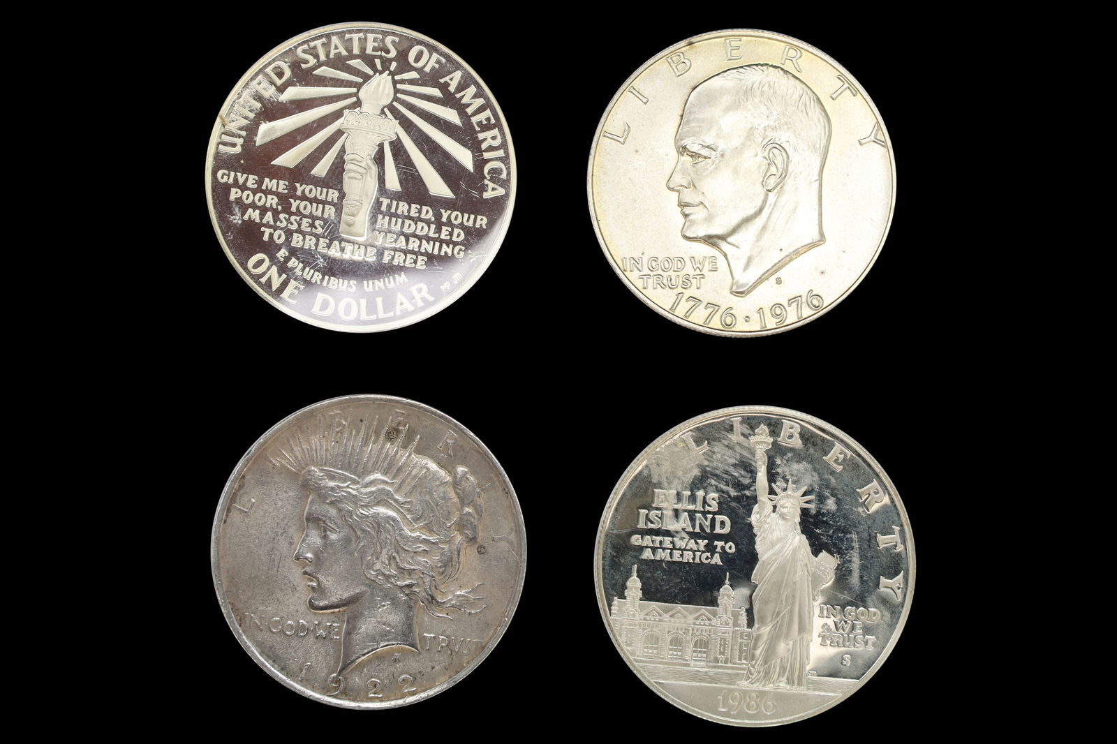 Group Of 4 Four American Silver Coins, Commemorative Issues, Rounds, 1 Dollar Liberty Issues: Group Of 4 Four American Silver Coins, Commemorative Issues, Rounds, 1 Dollar Liberty Issues, Including A Pair Of Ellis Island, One 1922 Dollar And A 1976 Dollar. DISCLAIMER: Read The Description And