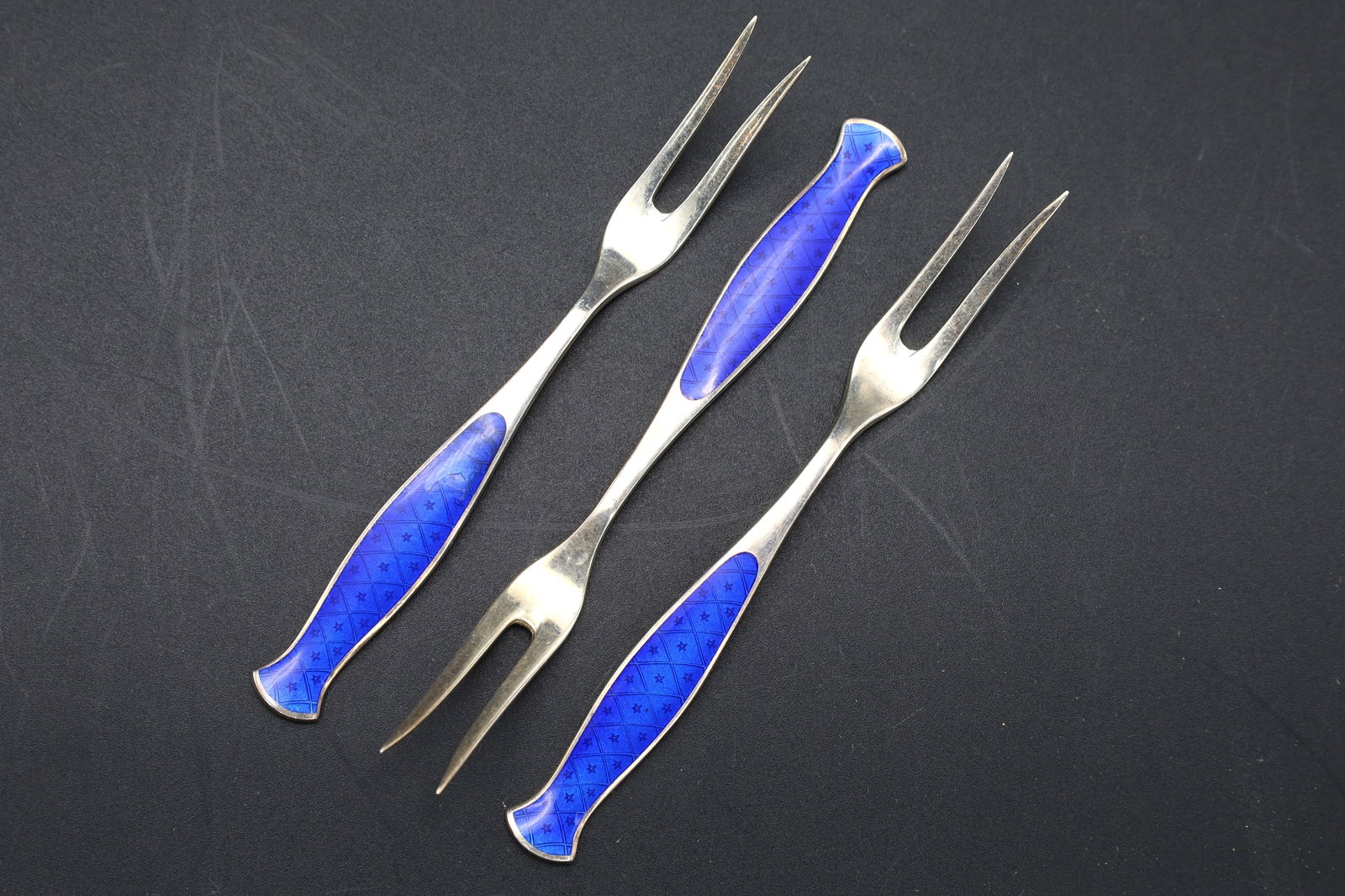 Einar Dragsted Denmark Guilloche And Sterling Cocktail Forks, Scandinavian, Mid Century Cutlery (1 of 3)