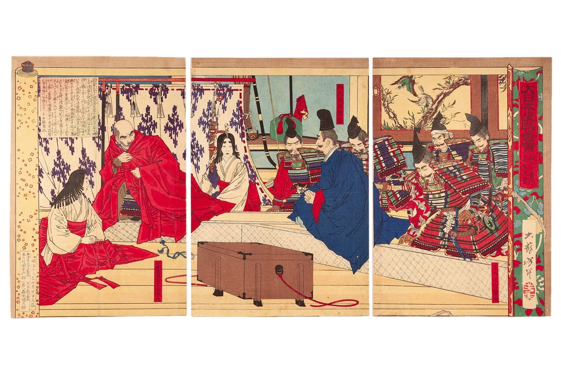 Meiji Japan, A Color Woodblock Print Emperor Takakura By Tsukioka Yoshitoshi, 1880 Triptych Art: Tsukioka Yoshitoshi, Japan 1839 To 1892, A Color Woodblock Print Emperor Takakura, Dated As 1880, A Triptych From "A Short Illustrated History Of Japan" Series Of Ten Prints Depicting Famous Stories A