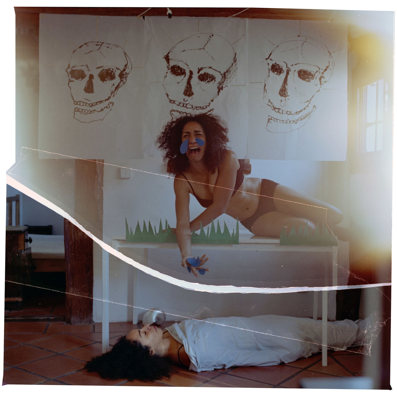 Madrid Spain, Hasselblad Analogue Photography Print 24 x 24 in, Cuban Artist Conrado Maleta, Signed: Tittle: The Sepulchre Was A Silent Shrine Devoted To Dry Flowers And Emptied Stones, Lavapies, Madrid Spain 2009. Damaged, Manipulated, Collage Of A Color Medium Format Analogue Film. Neo Baroque Visu