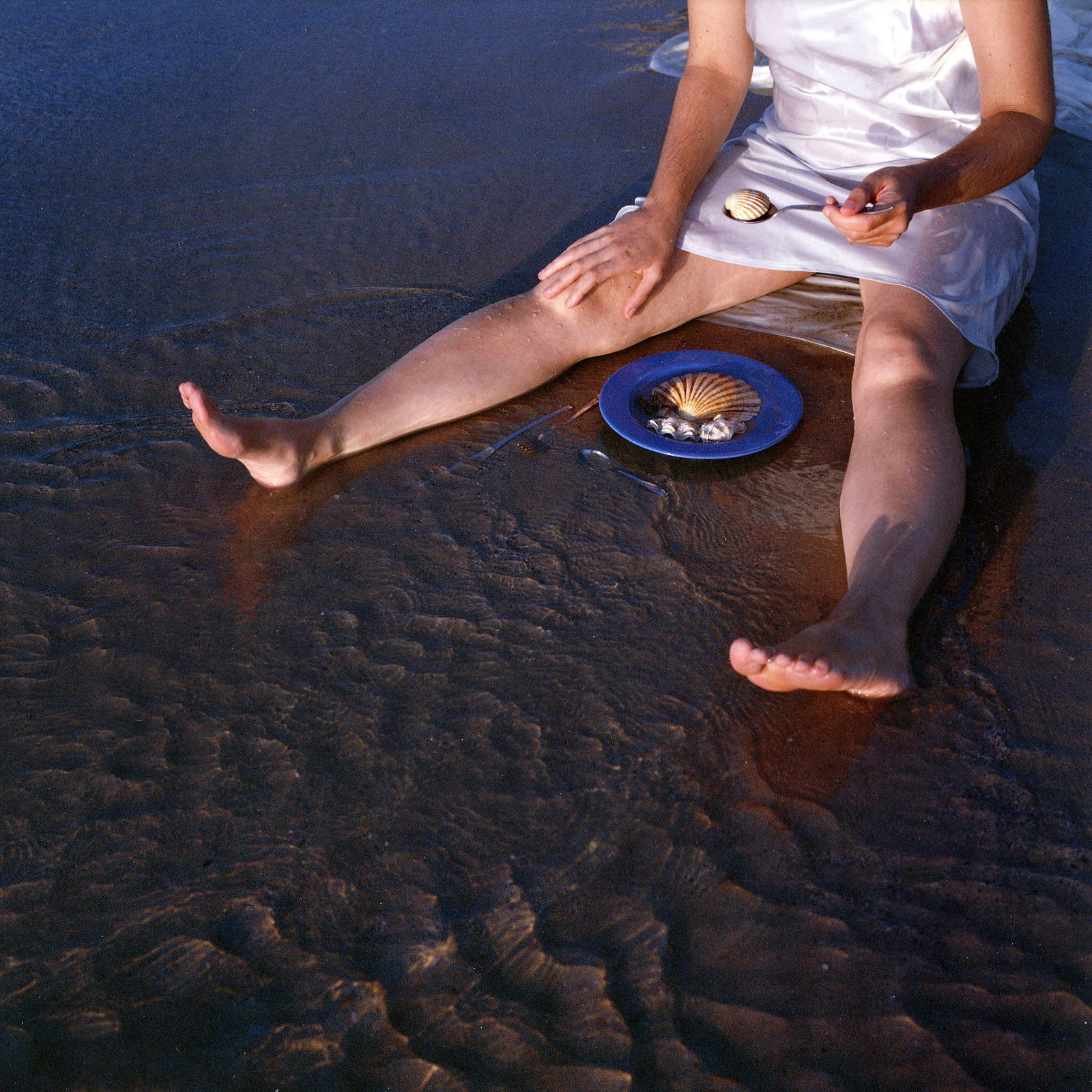 Tel Aviv, Israel, Hasselblad Analogue Photography Print 24 x 24 in, Cuban Artist Conrado Maleta: Title: Supper By The Seashore IV, Tel Aviv Israel, 2010. Color Medium Format Analogue Photography, Jewish Female Models, Mediterranean Landscape And Nature, Middle East Visual Poetry, Contemporary Con