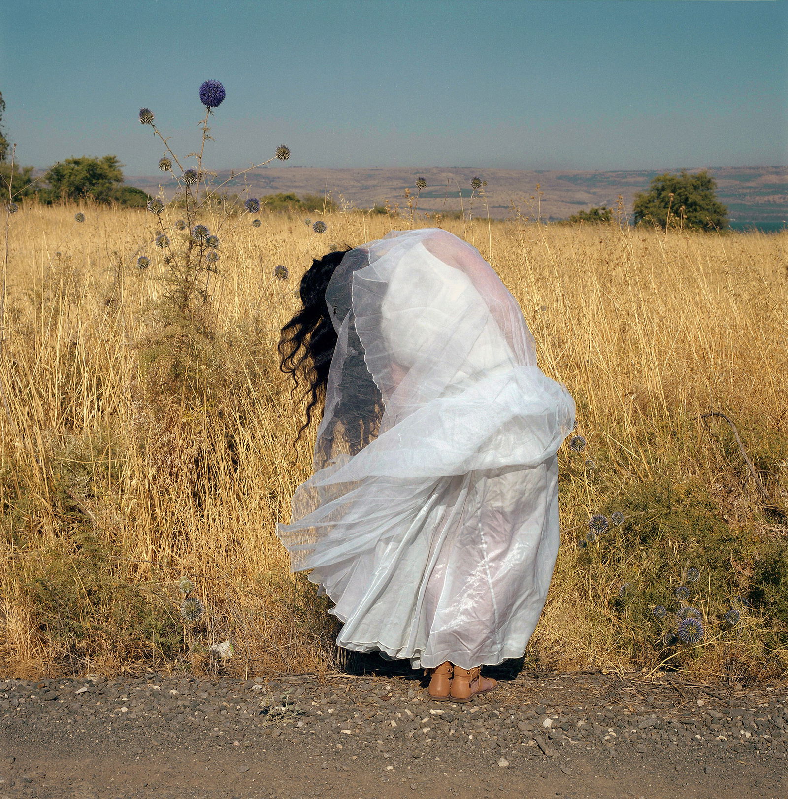 Capharnaum, Hasselblad Photo Print 24 x 24 inches, Signed, Israeli Contemporary Artist Naama Sarid: Title: Roots. Greek and Russian church in Capharnaum, Israel 2012. Hasselblad camera, 100iso Color Film. Color Medium Format Analogue Photography, Israeli Female Model, Portrait in landscape, Middle E