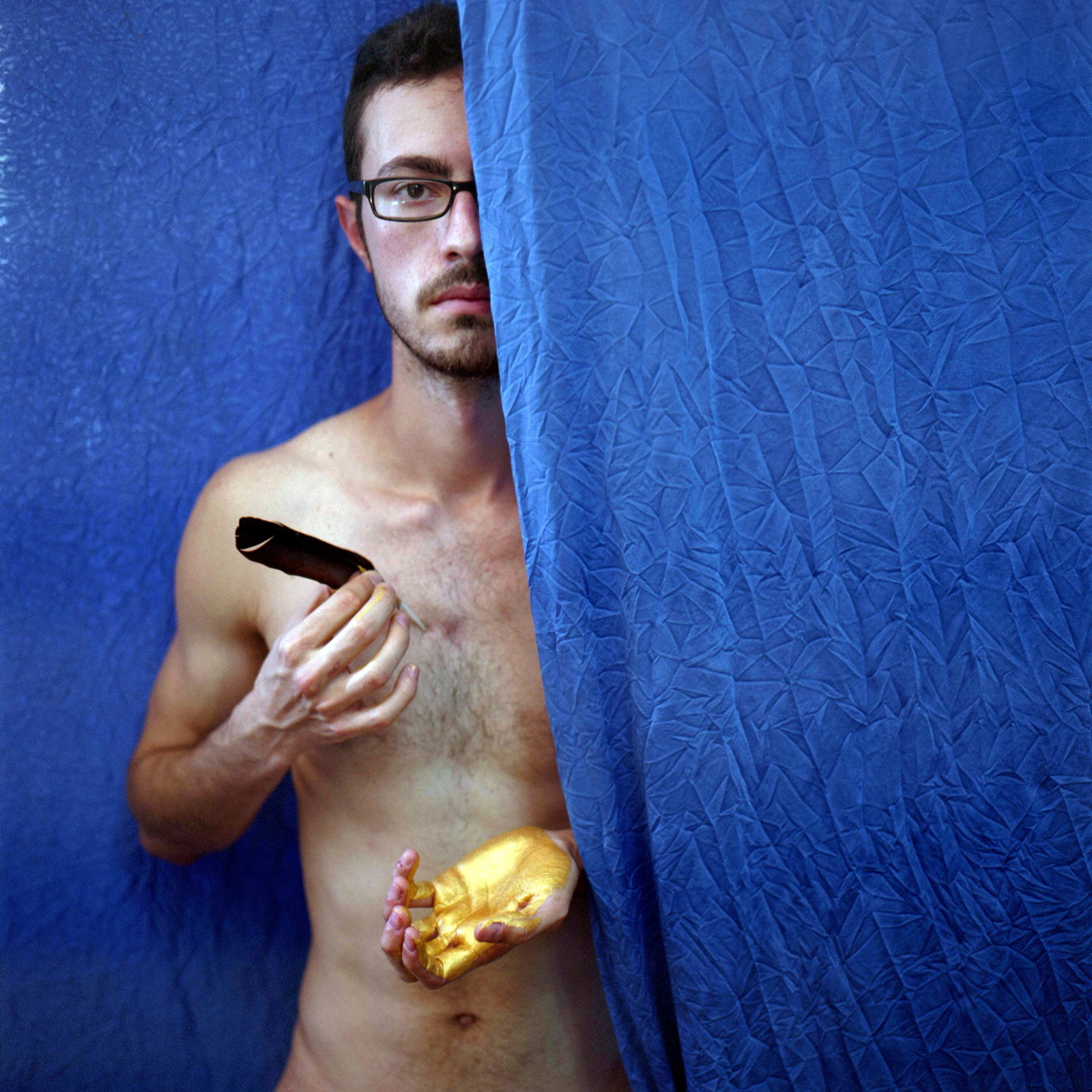 Tel Aviv, Israel, Hasselblad Analogue Photography Print 24 x 24 inches, Cuban Artist Conrado Maleta: Title: All The Beauty Is Blue, Tel Aviv Israel, 2010. Color Medium Format Analogue Photography, Man Male Portraiture. Middle East Visual Poetry. Contemporary Conceptual Cuban Art, Arte Cubano Contempo