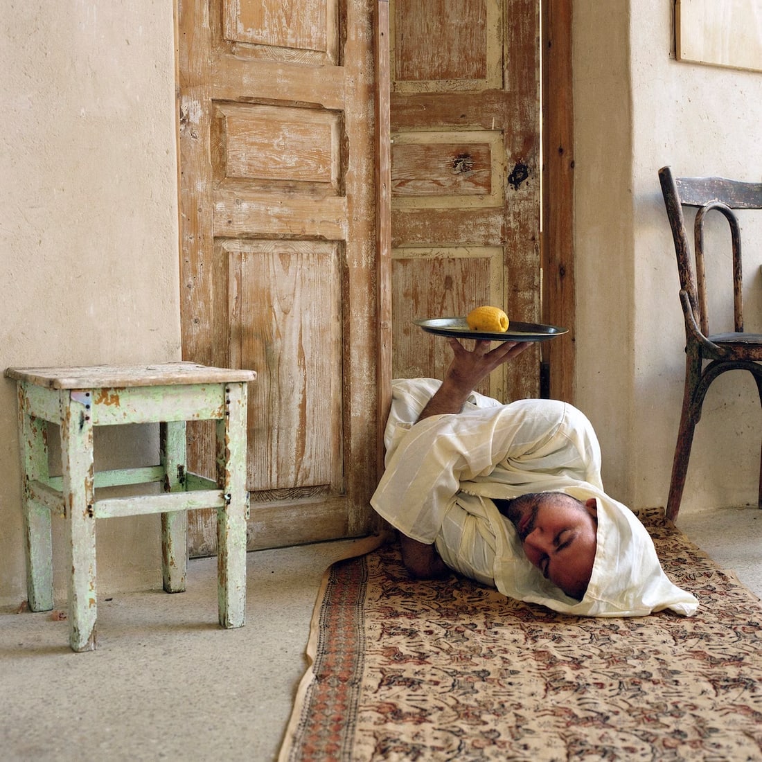 Ein Hod, Israel, Hasselblad Analogue Photography Print 24 x 24 inches, Cuban Artist Conrado Maleta: Title: Ritual For Empowerment. Burnt Forest At The Holy Mount Mar Eilas, Har HaKarmel Israel, 2011. Color Medium Format Analogue Photography, Man Male Portraiture. Middle East Visual Poetry. Contempor