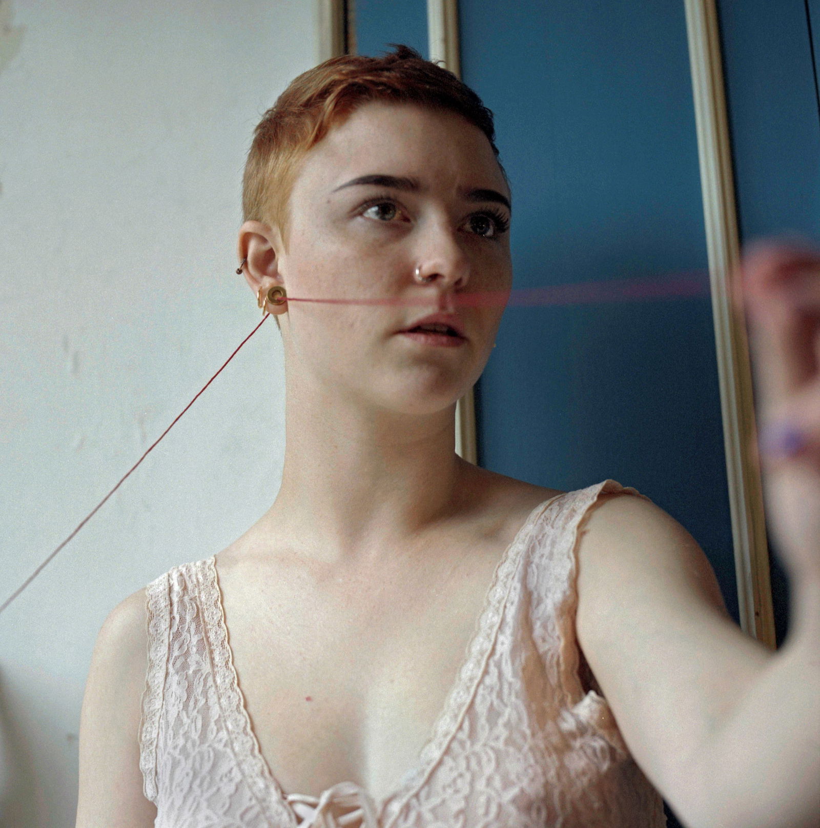 New York, Hasselblad Photo Print 24 x 24 inches, Signed, Israeli Contemporary Artist Naama Sarid: Title: Morning Blues With Red Yarn. ANIMAL COLLECTIVE. Manhattan, NYC, 2013. Hasselblad camera, 400iso color Film. Color Medium Format Analogue Photography, American Female Model, American Visual Poet