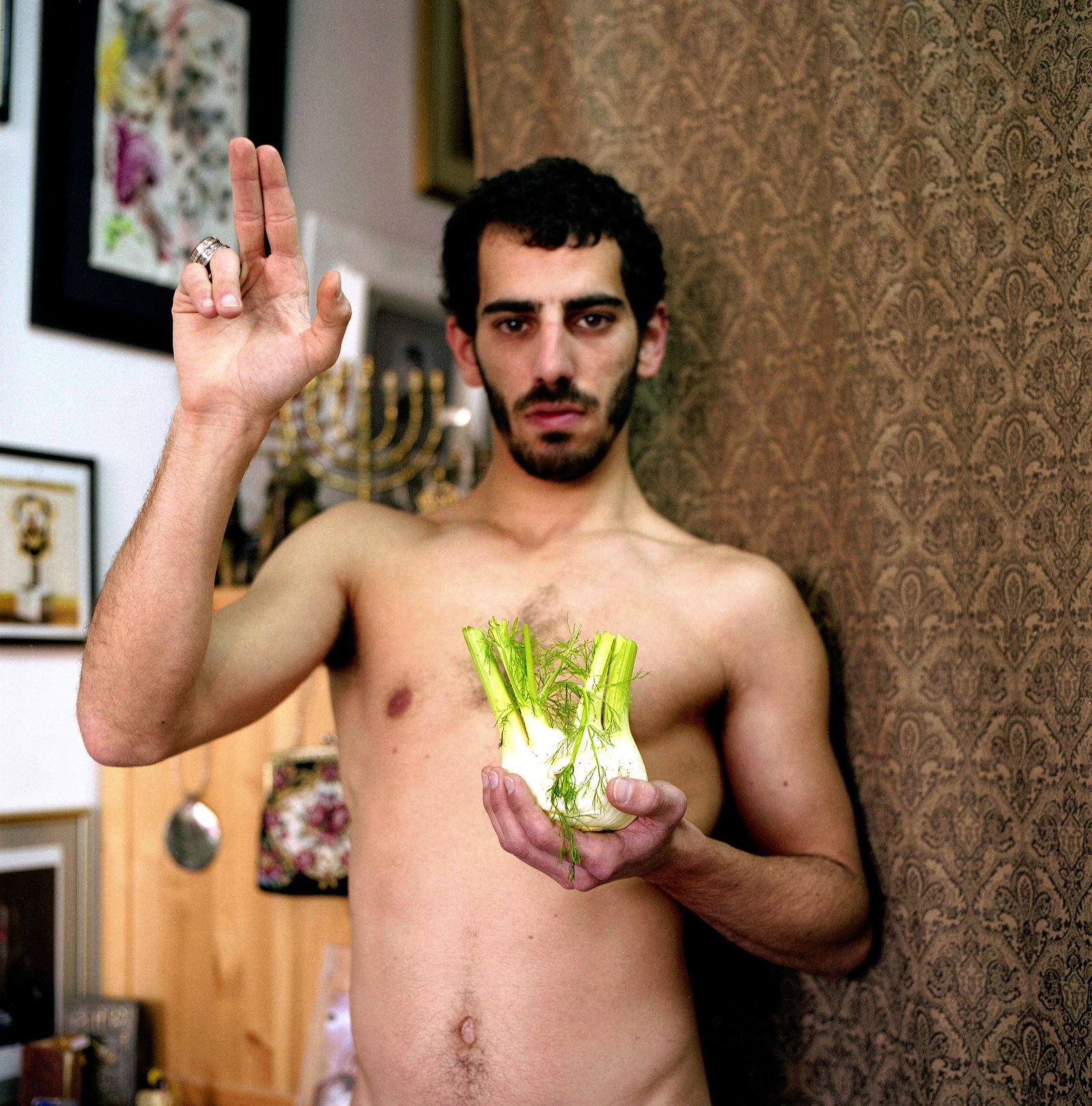 Tel Aviv, Israel, Hasselblad Analogue Photography Print 24 x 24 inches, Cuban Artist Conrado Maleta: Title: With this blessing, from my heart, with all honors and in the name of my Father on Heavens. Tel Aviv Israel, 2009. Color Medium Format Analogue Photography, Man Male Portraiture. Middle East Vi