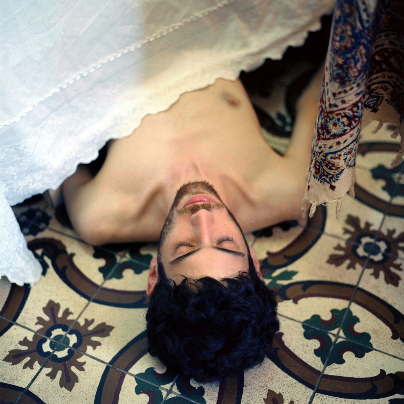 Tel Aviv, Israel, Hasselblad Analogue Photography Print 24 x 24 inches, Cuban Artist Conrado Maleta: Title: King Lear, Sleeping In The Gardens Of Paradise, Tel Aviv Israel, 2010. Color Medium Format Analogue Photography, Man Male Portraiture. Middle East Visual Poetry. Contemporary Conceptual Cuban A