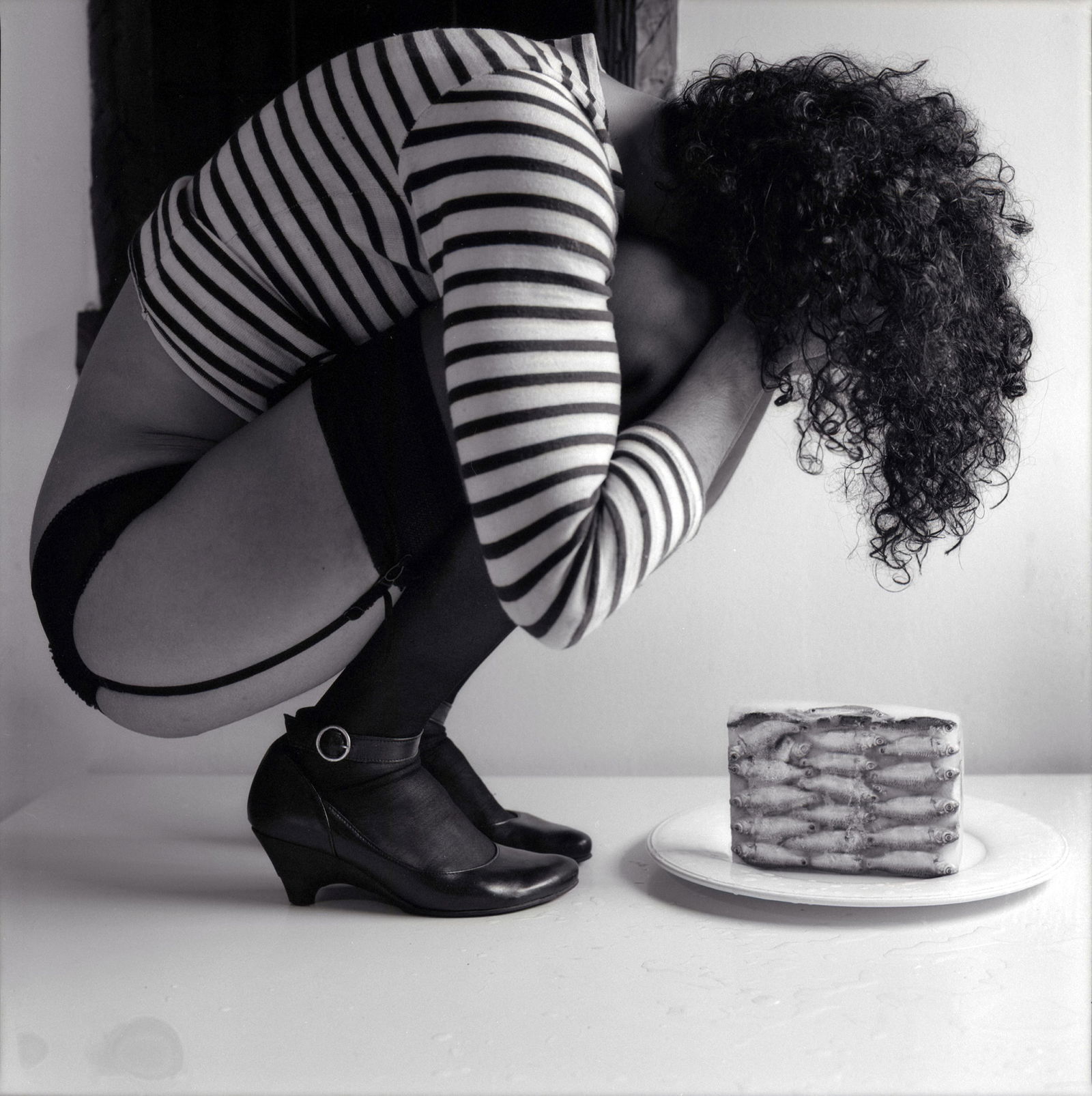 Madrid Spain, Hasselblad Photo Print 24 x 24 in, Signed, Israeli Contemporary Artist Naama Sarid: Title: Empacada como sardinas en una lata picada. Madrid, Spain 2011. Hasselblad camera, black and white 400iso Film. B&W Medium Format Analogue Photography, Brazilian Female Model, Spanish Visual Poe