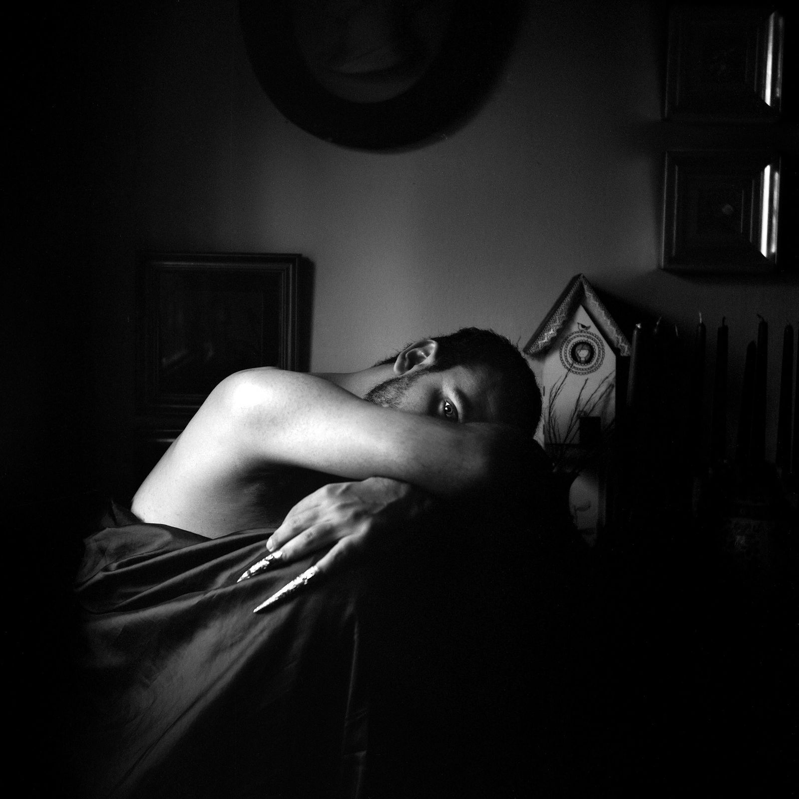 Madrid, Spain, Lubitel Analogue Photography Print 24 x 24 inches, Cuban Artist Conrado Maleta: Title: Lachrimae Caravaggio, (Tears Of Caravaggio). Young Man In A Baroque Style Portraiture. Lavapies Madrid, Spain 2010. Black And White Medium Format Analogue Photography, Surrealism Visual Poetry.