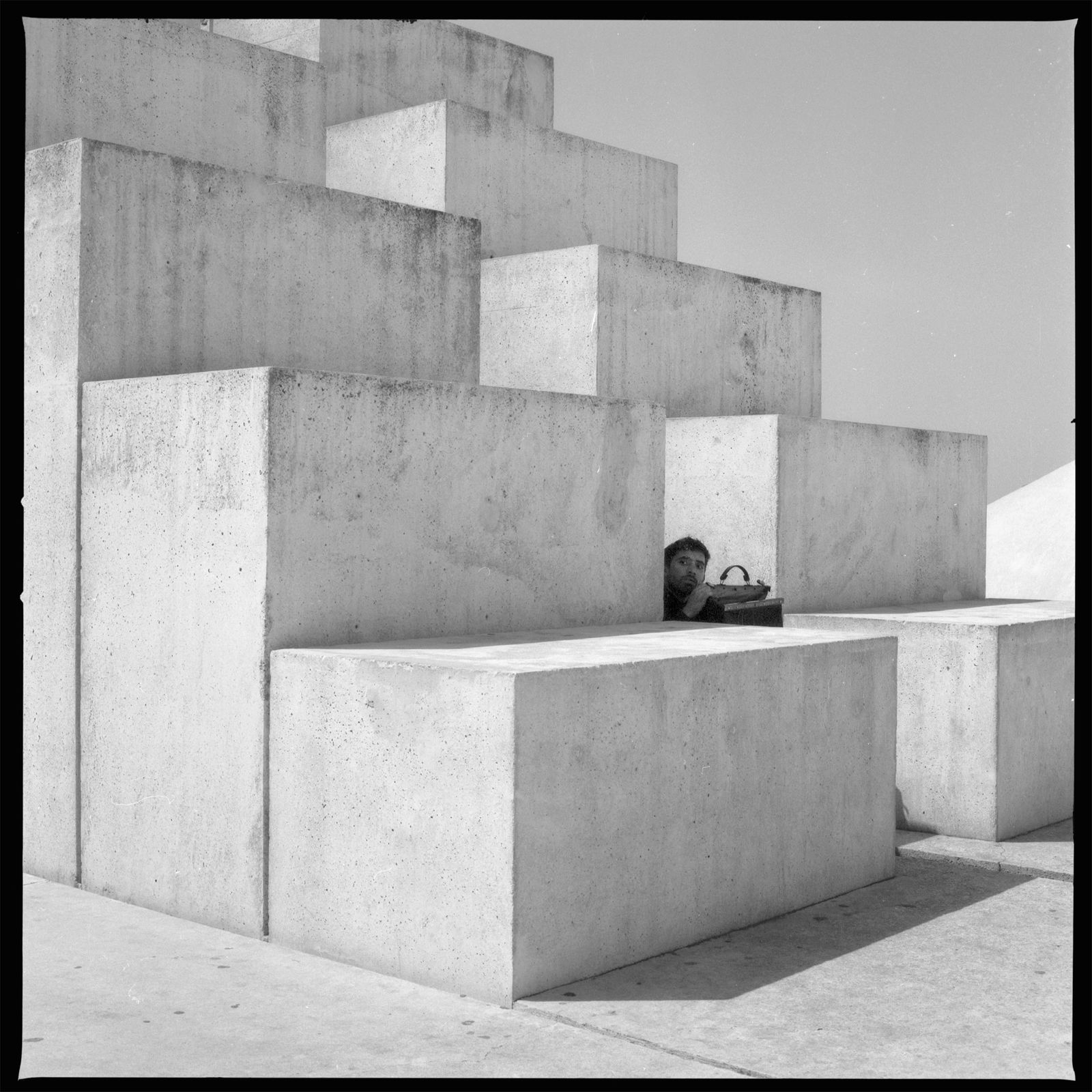Kikar Levana, Tel Aviv 2012, Hasselblad Photography Print 24 x 24 in, Cuban Artist Conrado Maleta: Title: Rituals II, Kikar Levana, Tel Aviv, Israel 2012. Black And White Medium Format Analogue Photography, Surrealism Visual Poetry. Contemporary Conceptual Cuban Art, Arte Cubano Contemporaneo. Vint
