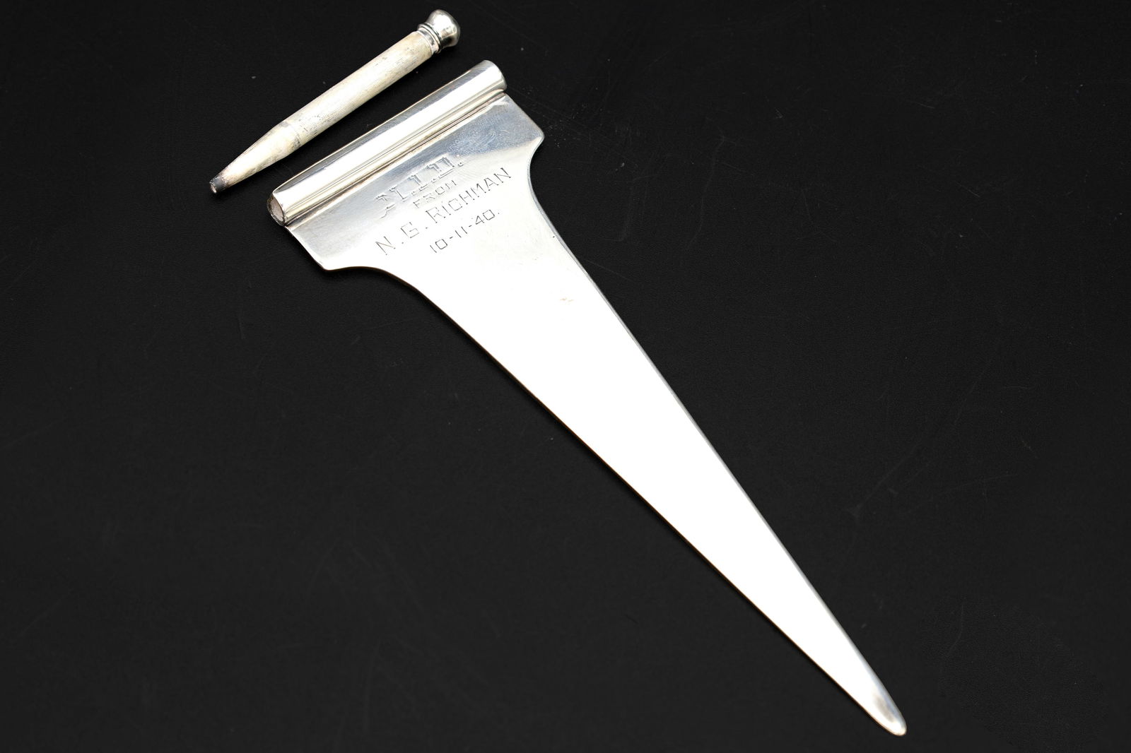 Large Sterling Silver Bookmarker, Extremely Rare Books Page Marker With Pencil Attachment, Crafted i: Dimensions, Length 5.55 inches, Wide 2.25 inches, Weight 32.4 grams. All measurements are approximate. Unusual Finding! Early Art Deco, Relatively Large Sterling Silver Bookmarker, Extremely Rare Book