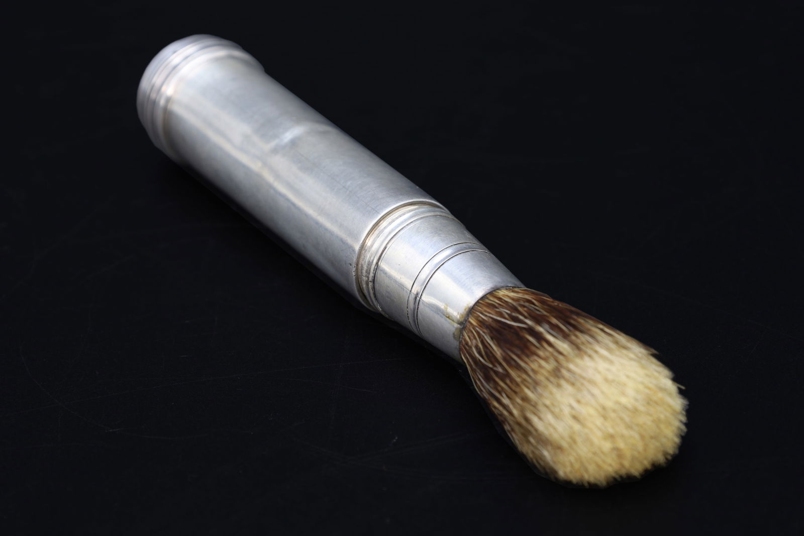 Shaving Brush On Case, Antique Birmingham 1849 Francis Clark Silver Hallmarks, Extremely Rare: Dimensions Closed, Length 3 inches, Fully Opened Length 5.75 inches. Weight 52.4 grams. All measurements are approximate. Shaving Brush On Case, Antique Birmingham 1849 Francis Clark Silver Hallmarks,