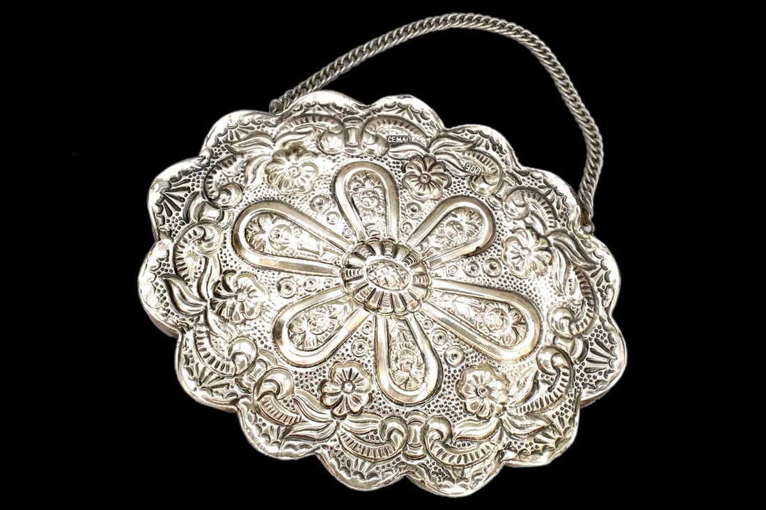 Vintage Turkish 900 Silver Mirror With Embossed Floral Motif And Strap For Wall Hanging, Hallmarked: Dimensions, 5.5 x 4.25 Inches. All measurements are approximate. Sold as is. Vintage Turkish 900 Silver Mirror With Embossed Floral Motif And Strap For Wall Hanging, Hallmarked, Hand Mirror Vanity Dec