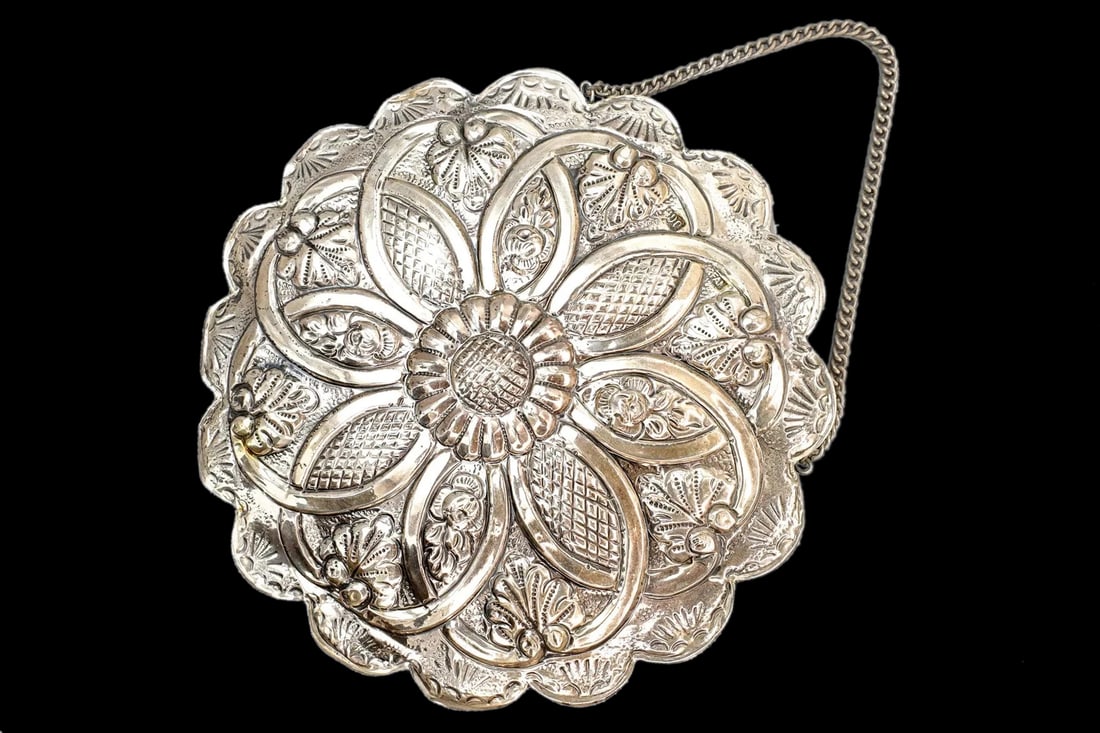 Vintage Turkish 900 Silver Mirror With Embossed Floral Motif And Strap For Wall Hanging, Hallmarked: Dimensions, Diameter 6 Inches. All measurements are approximate. Sold as is. Vintage Turkish 900 Silver Mirror With Embossed Floral Motif And Strap For Wall Hanging, Hallmarked, Hand Mirror Vanity Dec