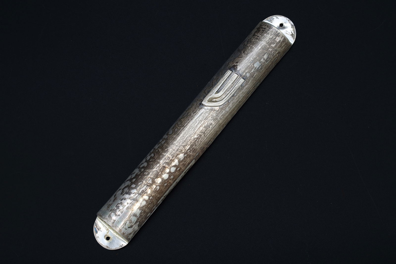 Mezuzah, Bier 925 Silver Case Made In Jerusalem Israel Shaddai Mezuzot, Judaica Arch Doorway Mezuzah: Dimensions, Length 6.125 inches, Width 0.75 inch, Weight 31 grams. All measurements are approximate. Surface wear and aging, Patina, some glue residues. Sold as pictured. Mezuzah, Bier 925 Sterling Si