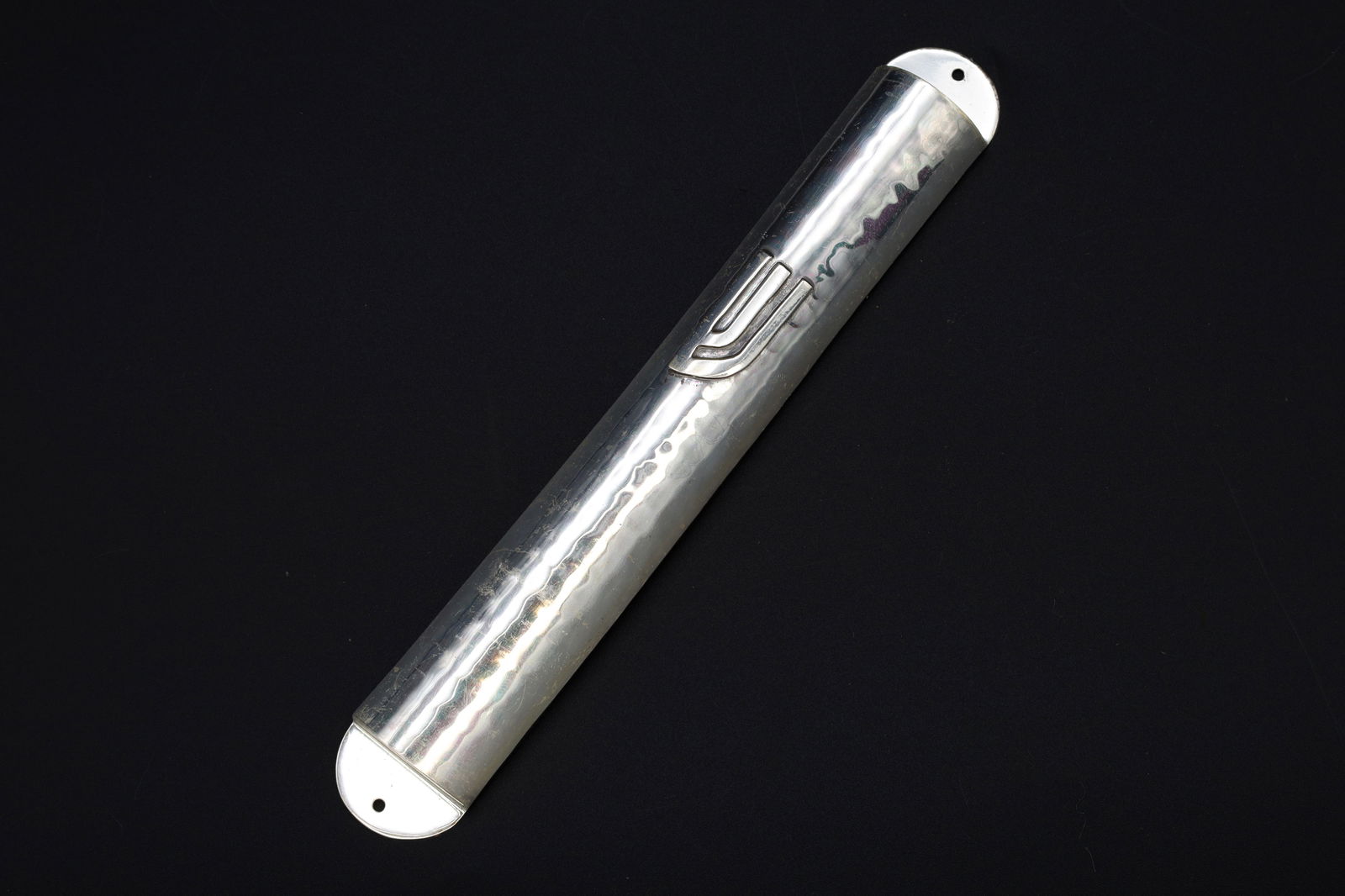 Mezuzah, Bier 925 Silver Case Made In Jerusalem Israel Shaddai Mezuzot, Judaica Arch Doorway Mezuzah: Dimensions, Length 6.125 inches, Width 0.75 inch, Weight 31 grams. All measurements are approximate. Surface wear and aging, Patina, some glue residues. Sold as pictured. Mezuzah, Bier 925 Sterling Si