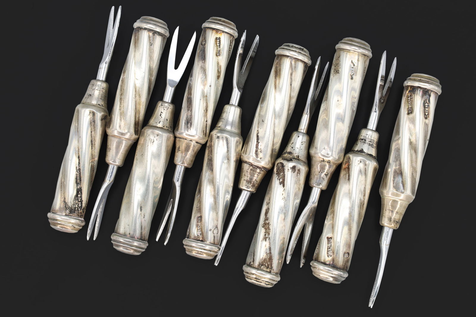 Vintage Art Deco Sterling Silver Corn Cob Holders, Hors d'oeuvre Pastry Fork, With Hallmarks, Retro (1 of 3)
