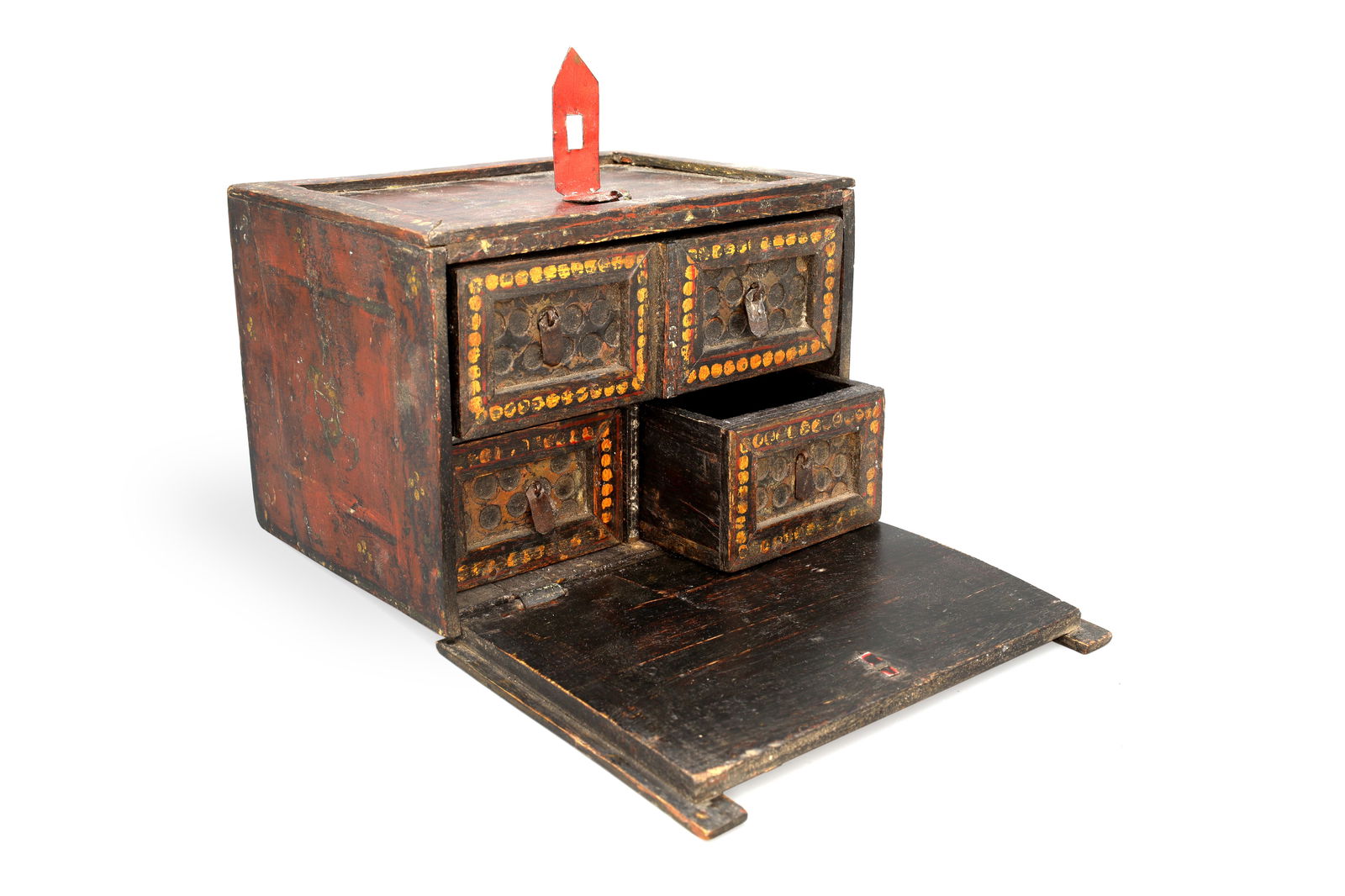Antique 19th Century Jewelry Box With Drawers, Rajasthan India. Ethnic Rustic Cabinet, South Asia: Beautiful Small Table Top Jewelry Chest Box With Drawers And A Hinged Door. A Common Design Used For Travelers Or Street Vendors. Similar Rustic Cabinets With Hidden Drawers Are Dated As Mid To End Of
