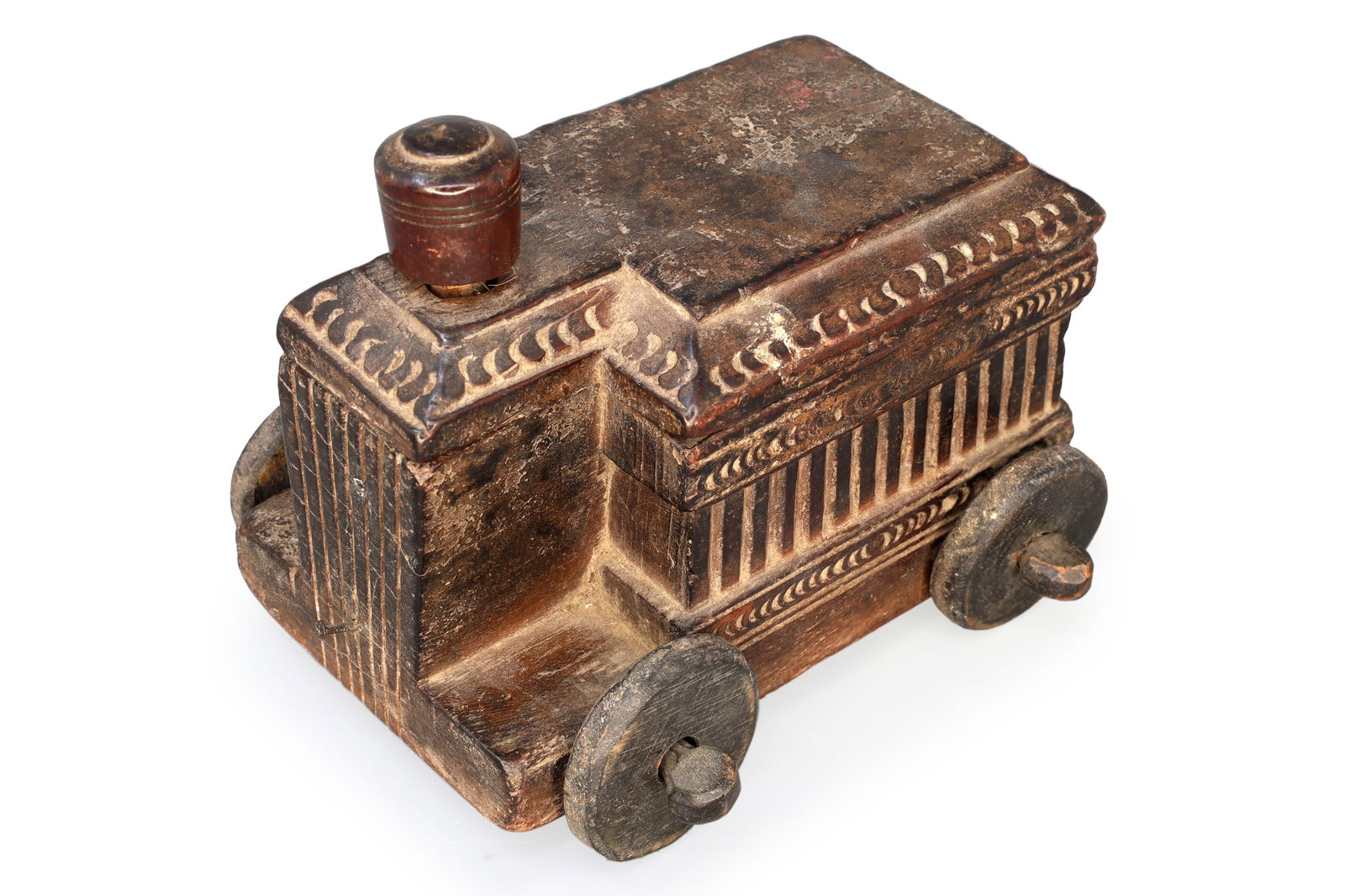 Antique 19th Century Vibhuti Box, Colonial India. Ethnic Rustic Car With Wheels, South Asia Folk Art: The intricately carved antique wooden box was used to store Vibhuti. Also referred to as Bhasma (holy ash), Vibhuti is of great significance in Hinduism and especially in Shaivism where it is thought