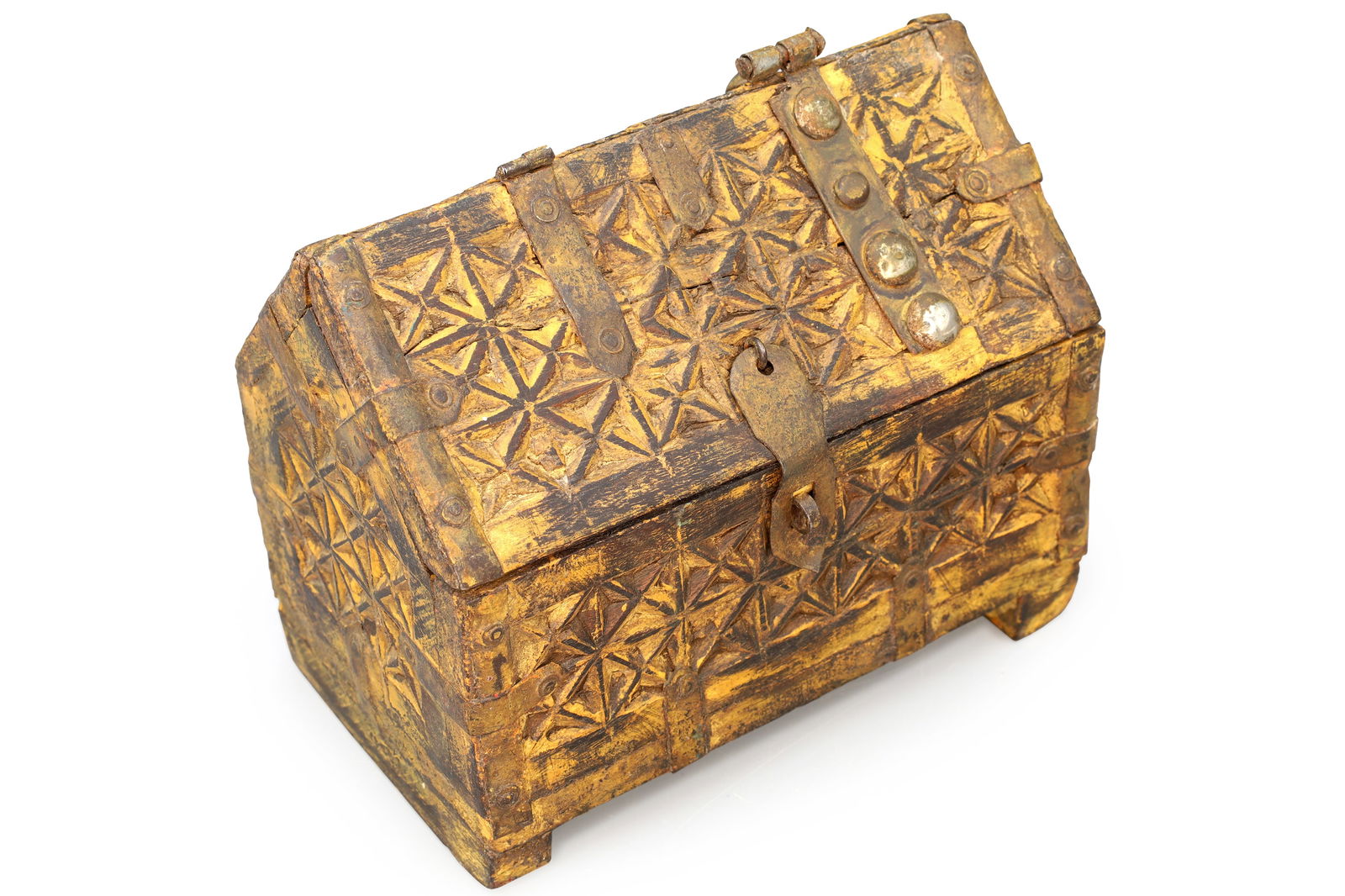 Antique 19th Century Jewelry Chest, Colonial India. Ethnic Rustic Wooden Trunk Box, South Asia Folk: Beautiful Small Table Top Jewelry Chest Box With A Western European Style, And A Hinged Upper Door. Has a yellow to goldish finish. A Carved Wood Spices Box From British India, Colonial Period. Simila
