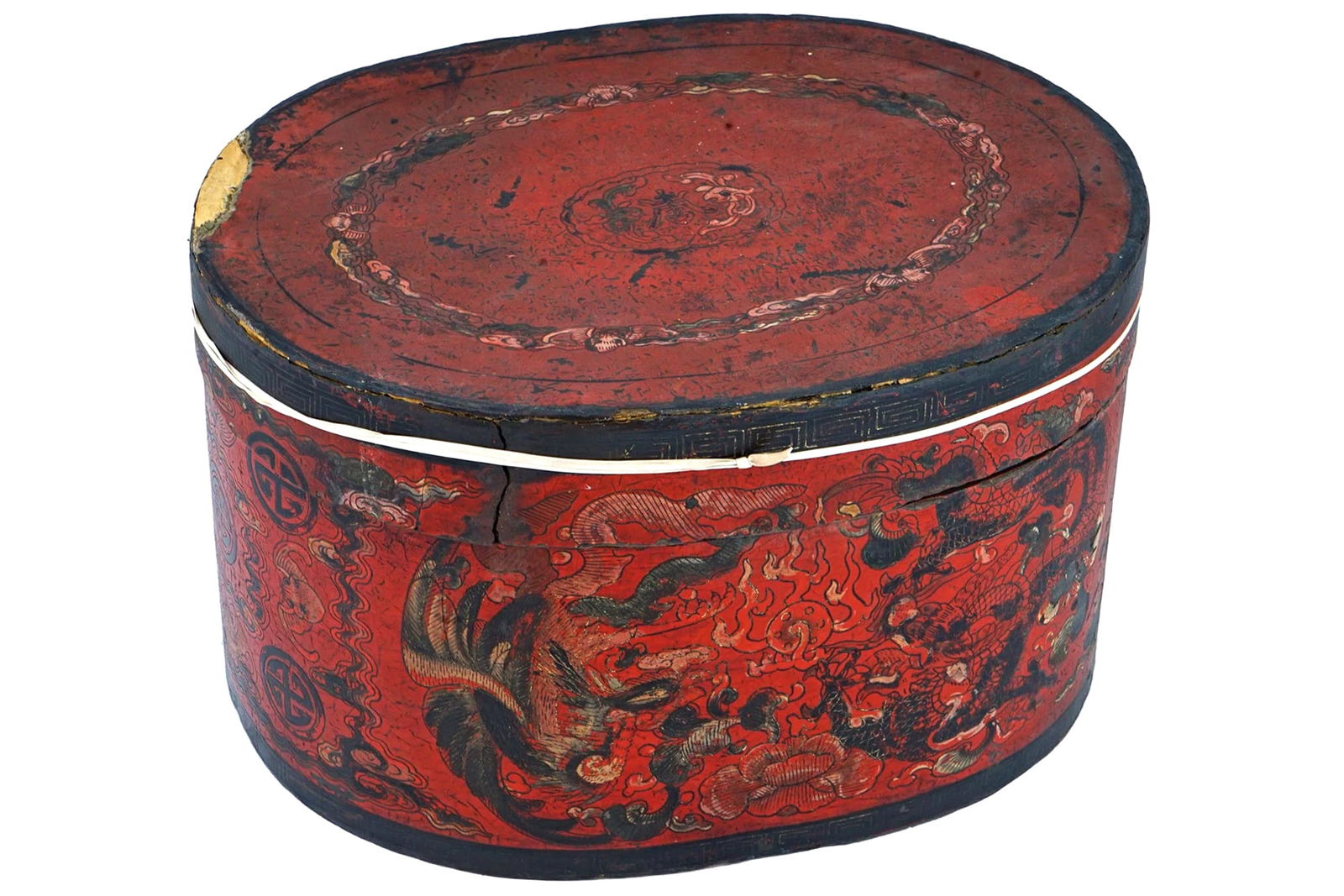 Antique Chinese Red Lacquer Lidded Hat Box, Large Size, Late Qing Dynasty 1890s Storage Case (1 of 9)